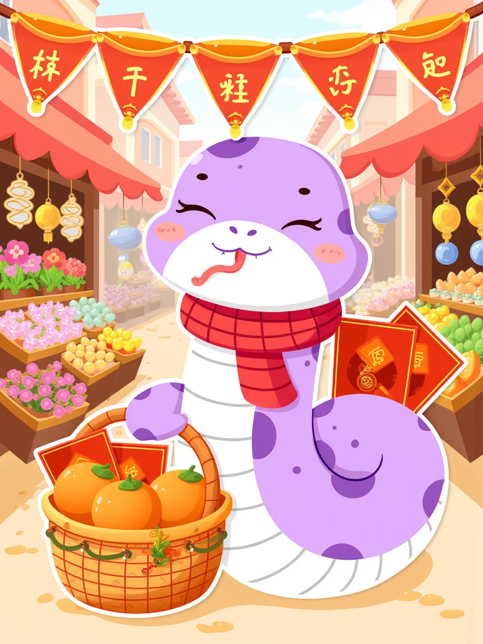 A vector illustration of a cheerful purple snake wearing a red scarf and carrying a basket filled with oranges and red envelopes. The snake is in a bustling marketplace with colorful stalls selling flowers, food, and decorations. The background has red and gold banners hanging above.