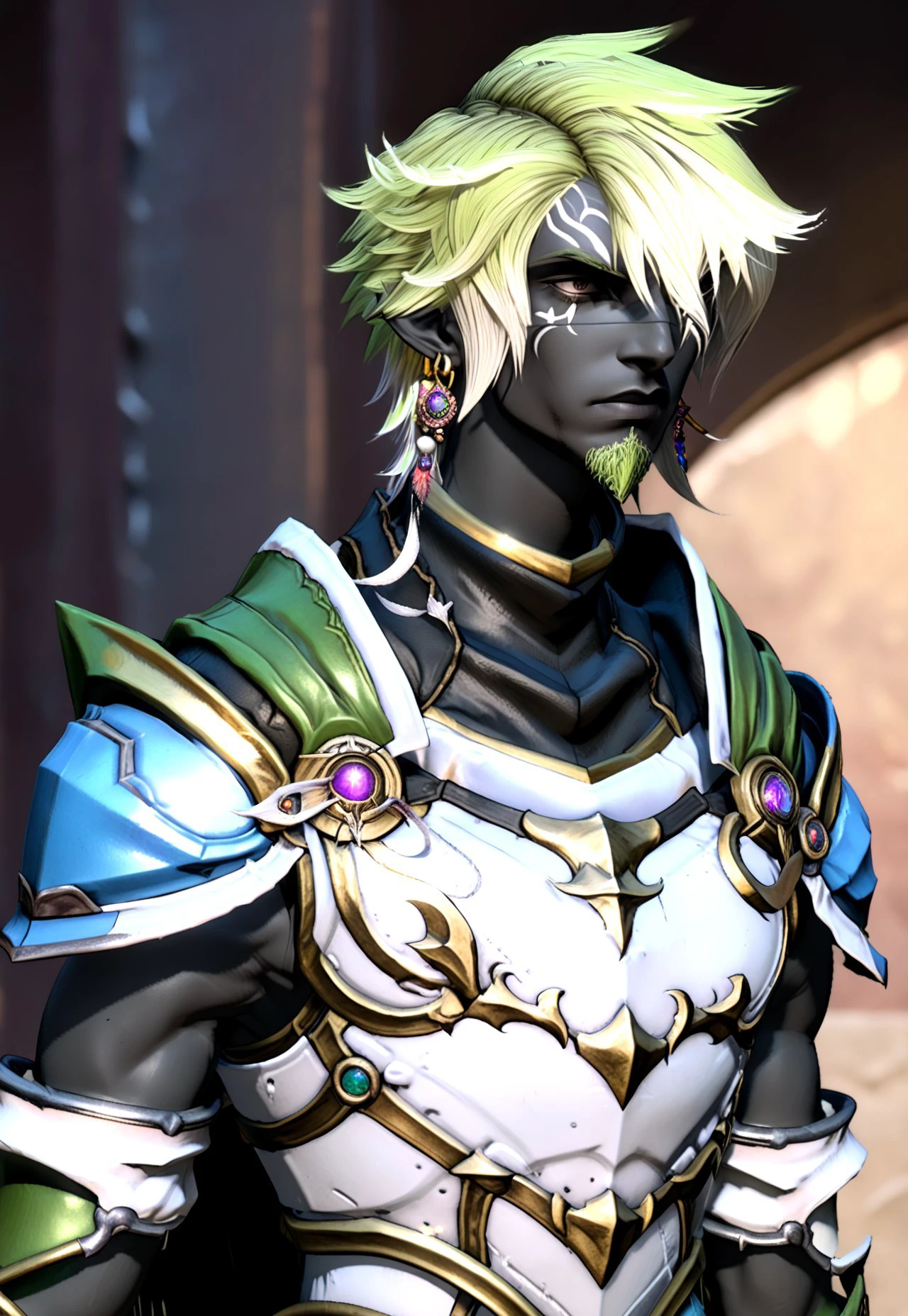 KRH1ST1A, elvaan, 1boy, male focus, solo, armor, dark-skinned male, facial hair, dark skin, jewelry, earrings, pointy ears, multicolored hair, colored skin, breastplate, upper body, green hair, blonde hair, two-tone hair, beard, hair over one eye, goatee, shoulder armor, elezen, vibrant color, cinematic lighting, cinematic angle, masterpiece, best quality