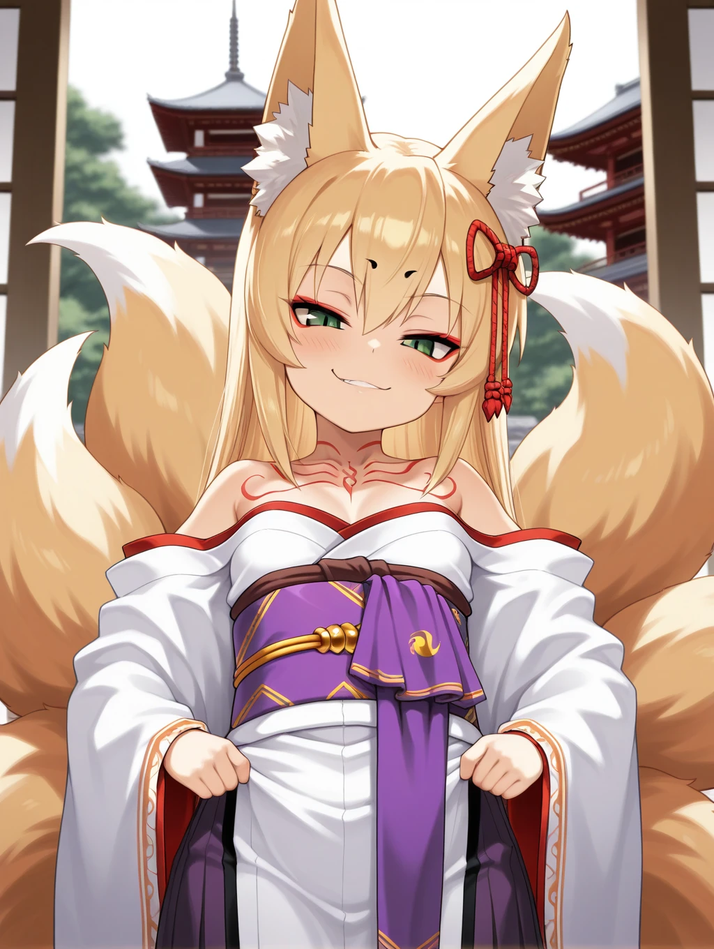 1girl, Tamamo, blonde hair, long hair, hair accessory, fox girl, fox tail, fox ears, green eyes, red eyeliner, small breasts, petite, monster girl, slit pupils, multiple tails, red tattoo, simple background, japanese garden, pagoda, white kimono, sash, smirk, naughty face, provocative, fan,

masterpiece, best quality,amazing quality, very aesthetic, absurdres, depth of field, blurry background, dark, extremely detailed face, detailed eyes, dark colors
