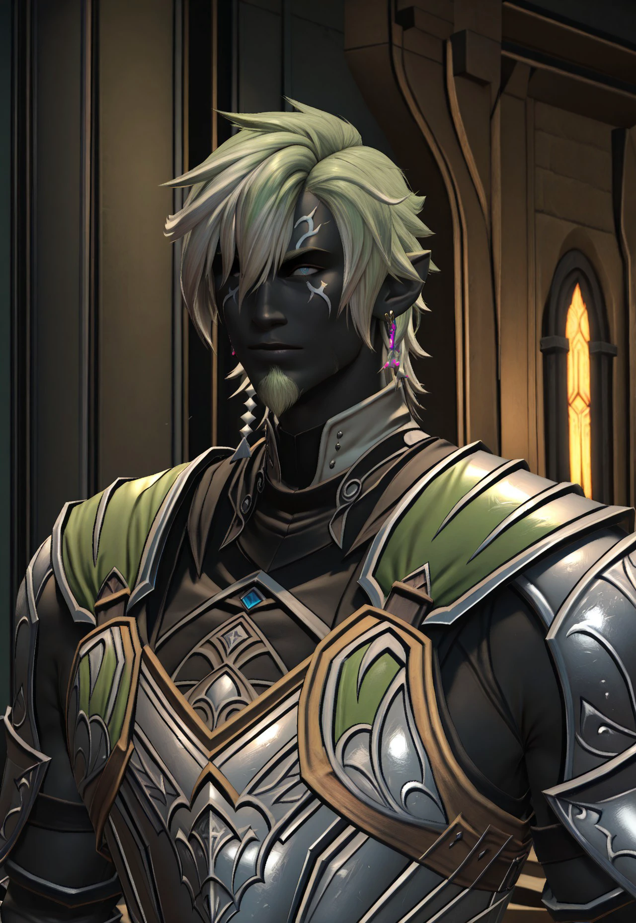 KRH1ST1A, elvaan, 1boy, male focus, solo, armor, dark-skinned male, facial hair, dark skin, jewelry, earrings, pointy ears, multicolored hair, colored skin, breastplate, upper body, green hair, blonde hair, two-tone hair, beard, hair over one eye, goatee, shoulder armor, elezen, vibrant color, cinematic lighting, cinematic angle, best quality