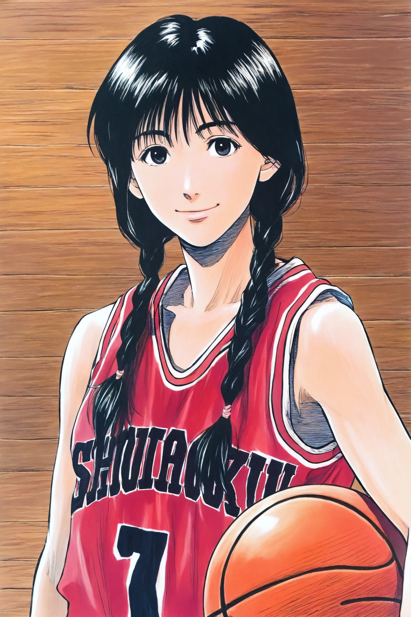 Haruko Akagi,1girl,basketball,solo,red basketball uniform,holding,smile,long hair,looking at viewer,holding ball,black hair,twin braids,black eyes,ball,traditional media,
<lora:Inoue Takehiko_illustriousXL:0.8>,