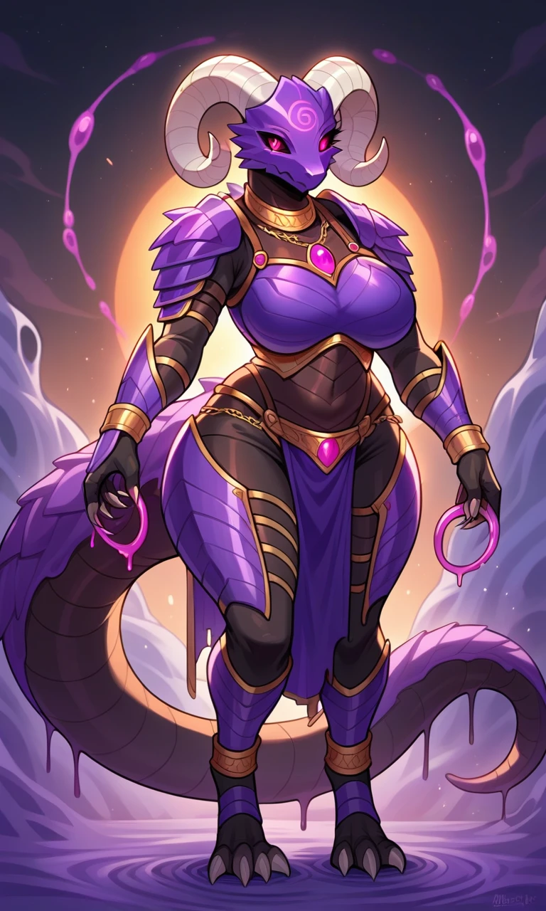Cartoon photo of woman in yellow and purple costume, hot insect woman, guyver style, bad smile, scarabele ploid, bellows tail, cel shade adult animation, alien queen,
