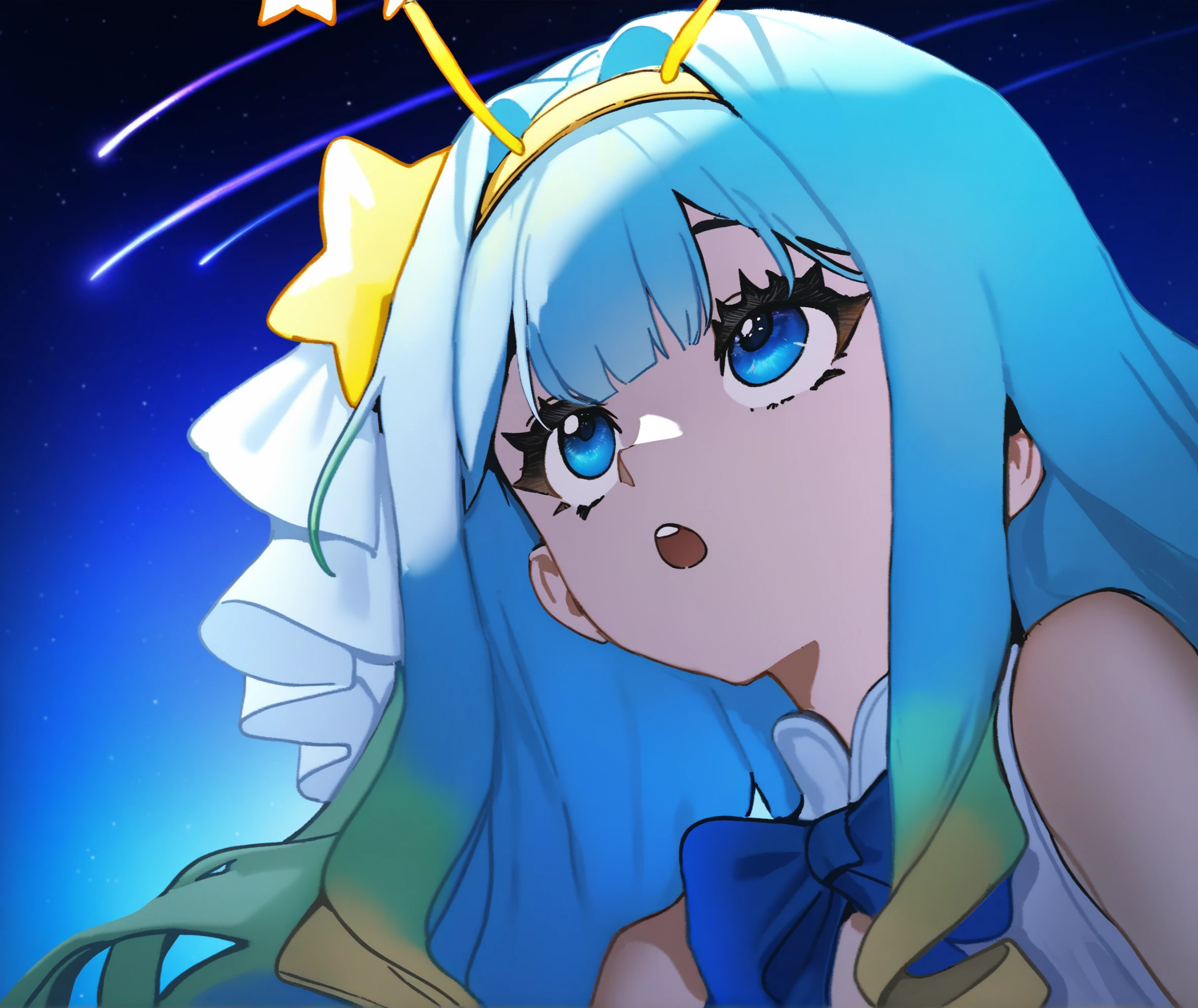 jelly hoshiumi, solo, blue eyes, three quarter view, upper body, looking up, from below, stars, big eyes, eye focus, night, shooting star, open mouth, blue hair, blue eyes, hairband, waterkuma, john kafka, nixeu, quasarcake, masterpiece,best quality, color...