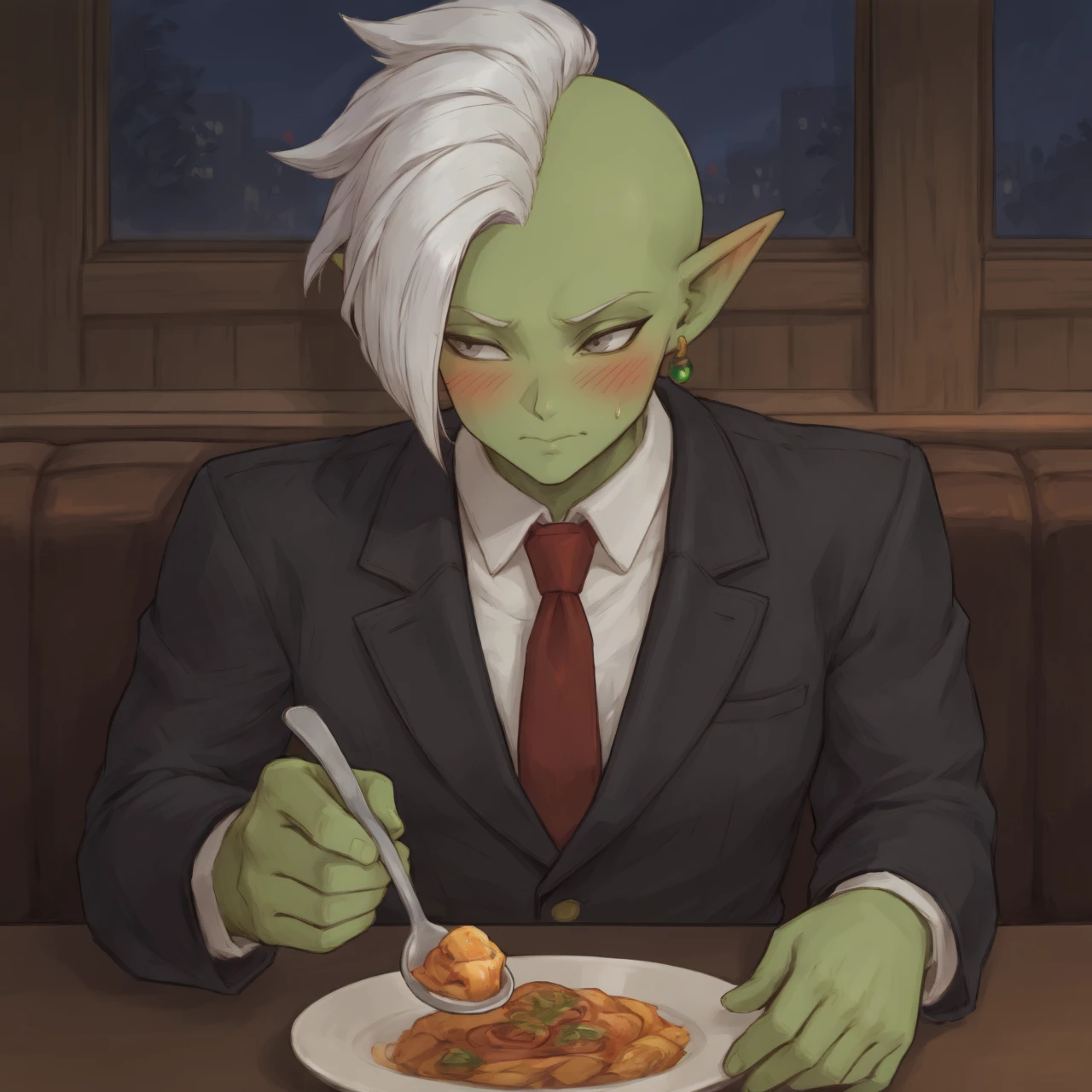 <lora:Zamasu_All_in_One:0.6> masterpiece, best quality, night, dark, sitting, pov across table, restaurant, food, indoors, looking to the side, blush, embarrassed, closed mouth, 1boy, solo, Zambaseasu, colored skin, green skin, mohawk, white hair, grey eyes, pointy ears, single earring, green earring, black jacket, red necktie, white collared shirt, incoming food, holding spoon