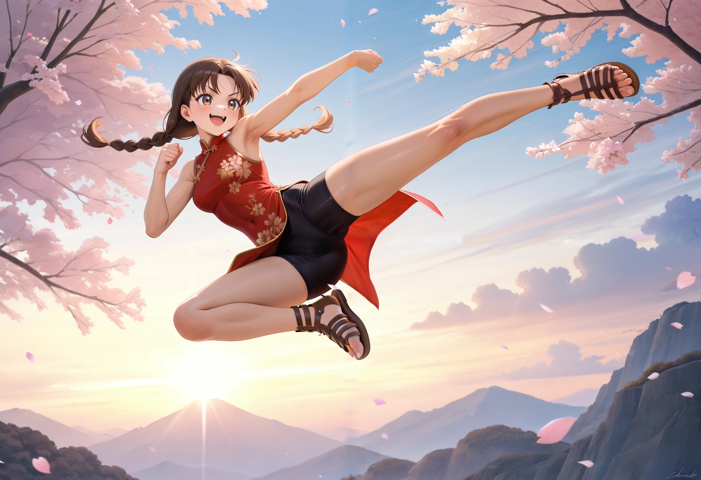 1girl, anatomically correct, proper proportions, detailed, 2000s anime, 
perfect toes, perfect feet, perfect eyes, muscular,
brown hair, twin braids, brown eyes, fair skin,
red dress, china dress, black biker shorts,
sandals, greeksandals, over ankle, open toes, dark brown footwear,
dynamic pose, jumping high kick, speedlines,
detailed landscape, sakura trees, cherry blossoms, sakura petals,
golden hour lighting, atmospheric haze, dynamic clouds,
detailed environment, professional lighting, clear composition,
>:D, whole body,
masterpiece, best quality, absurdres, year 2023
