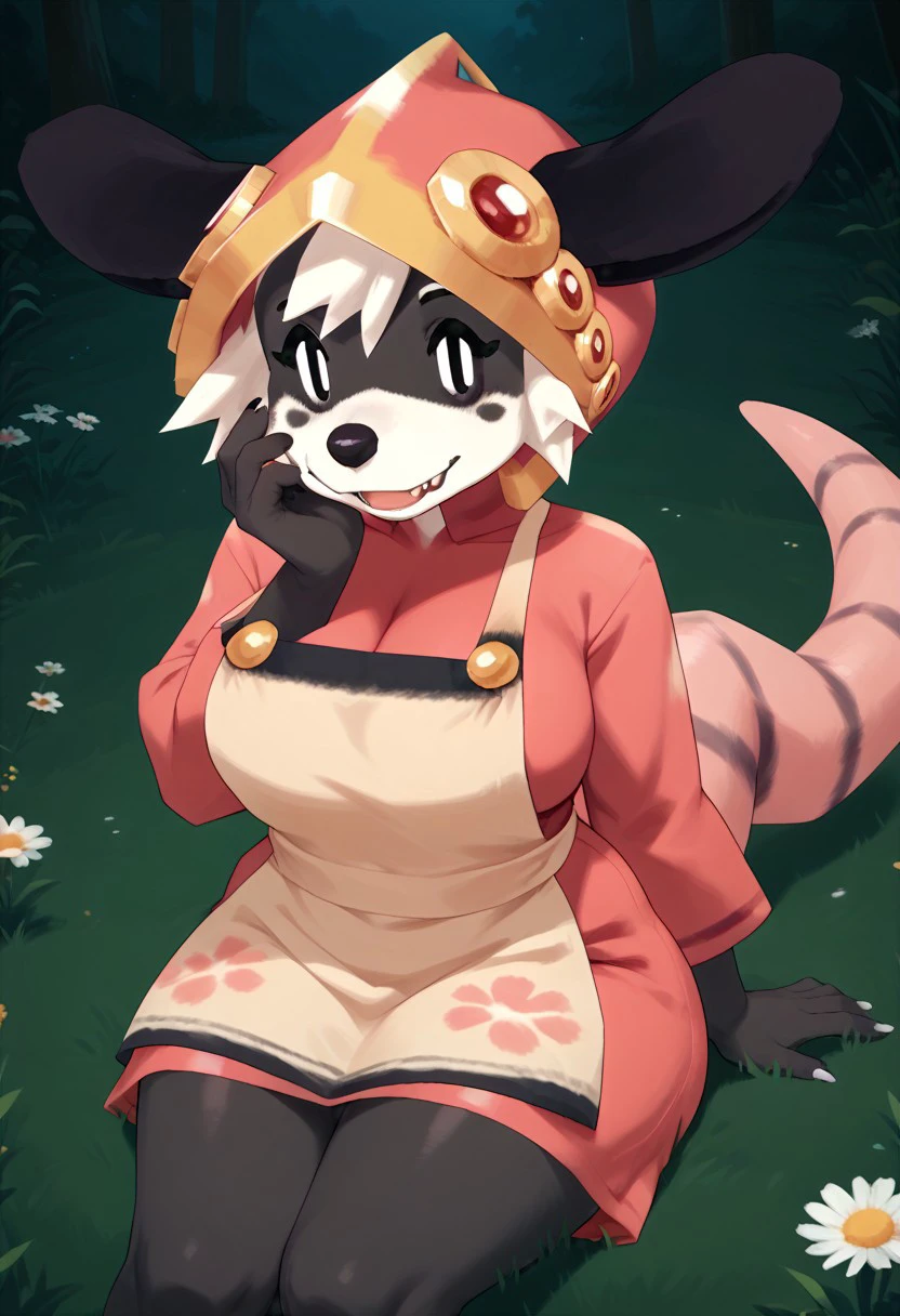 score_9, score_8_up, score_7_up, FMW1, painterly, vibrant details, source_furry, 1girl, anthro, sallyss, white hair, fangs, black ears, pink hooded robe, apron, pink tail, large breasts, huge ass, sitting, outdoors, grassy field, sunny, hand on own face, looking at viewer,