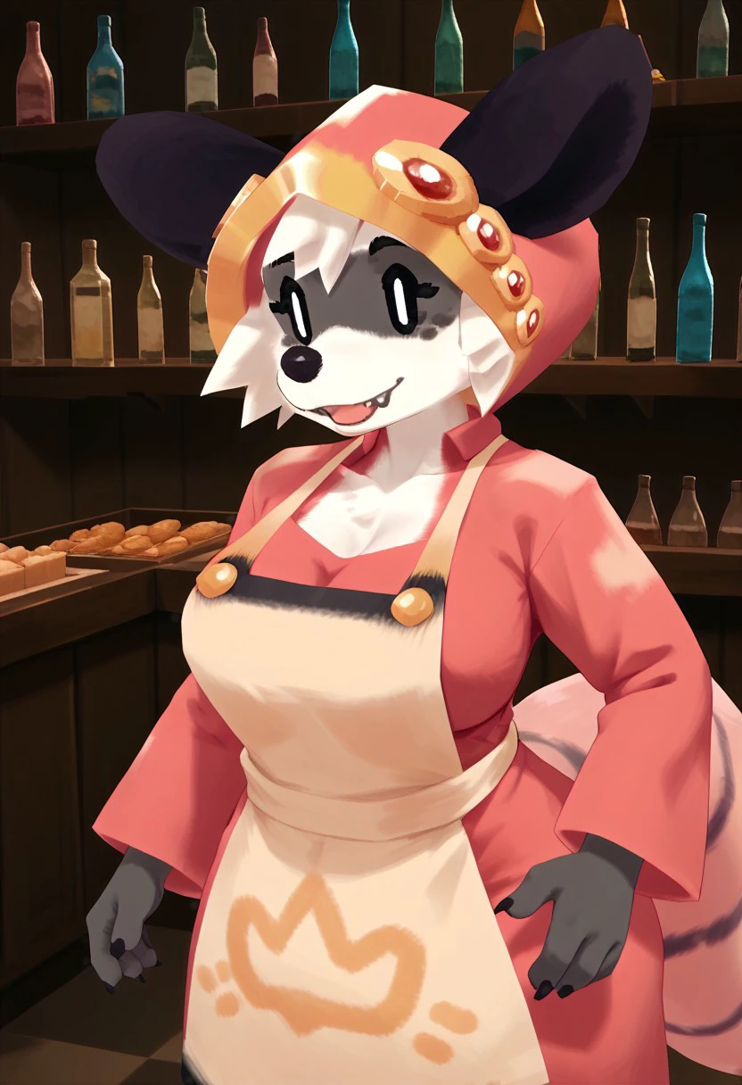 score_9, score_8_up, score_7_up, FMW1, fluffy, painterly, vibrant details, source_furry, 1girl, anthro, sallyss, white hair, fangs, black ears, pink hooded robe, apron, pink tail, large breasts, huge ass, indoors, shop