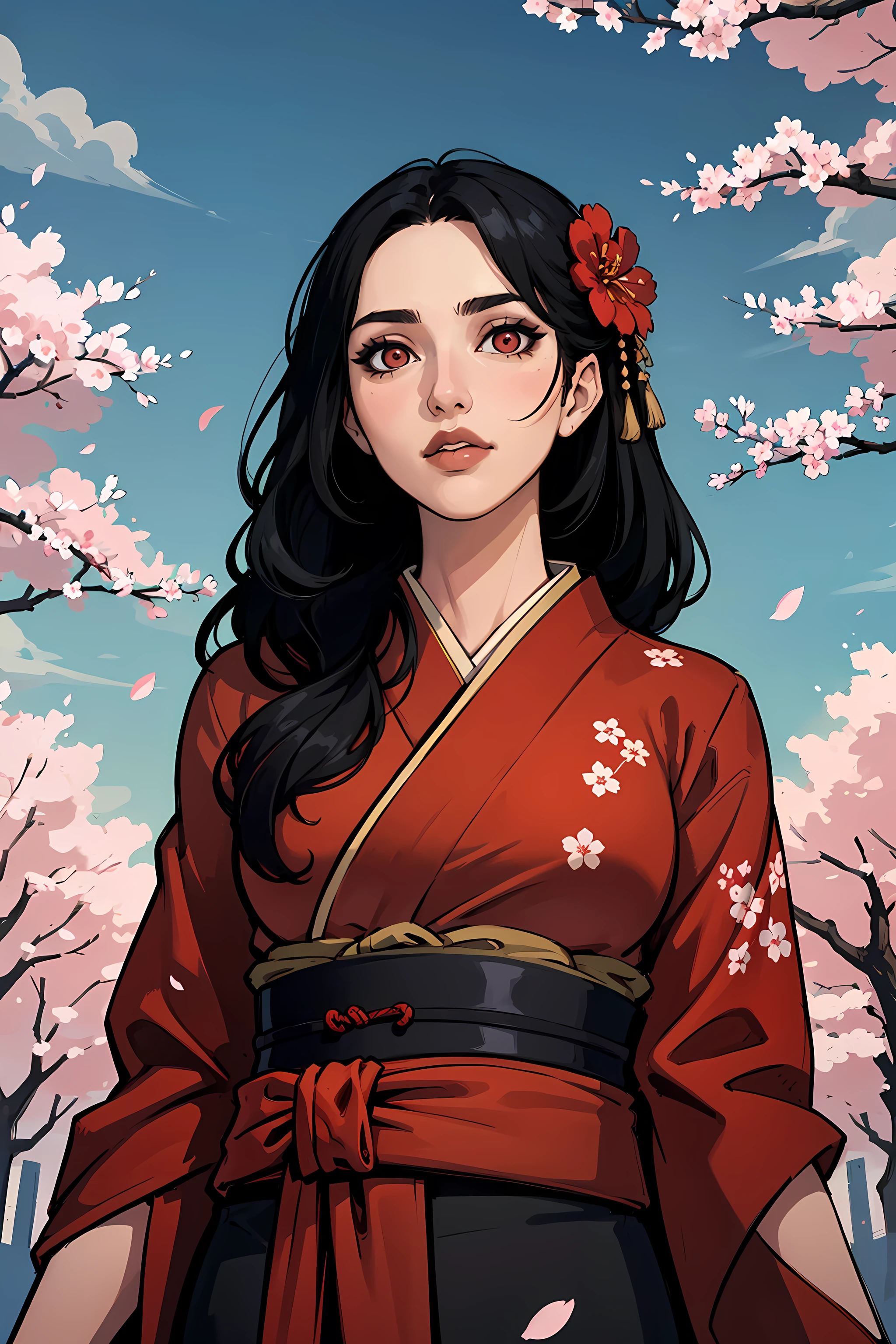 (masterpiece, highest quality, illustration), upper body, cowboy shot, from below, solo, woman, samurai long black hair, red eyes, black and red kimono, hair flower, dynamic pose, cherry blossoms, cherry leaves, sky, clouds
