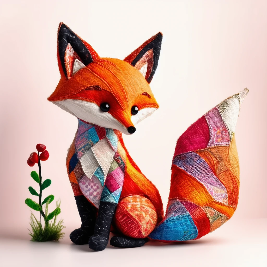 adorable sweet fox made out of colorful fabric, soft light, smooth colors, beautiful scenery