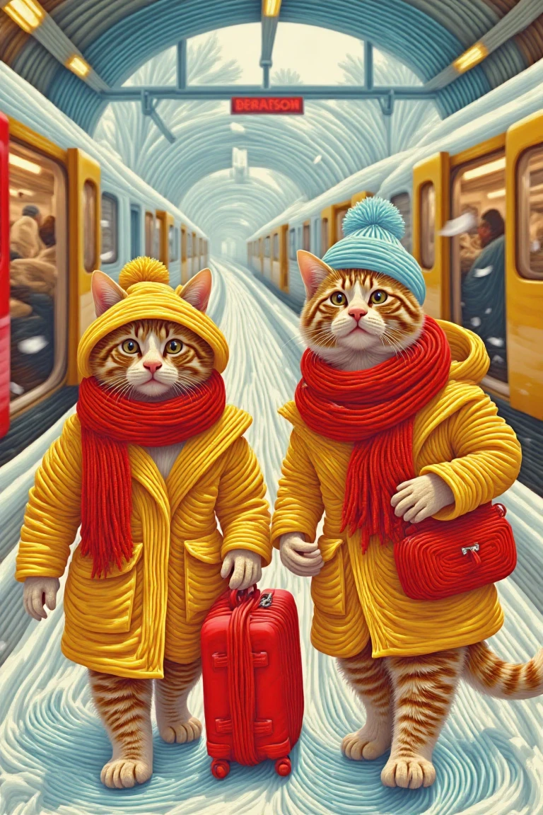 Two majestic cats, attired in UK-style winter attire, including a hat, beanie, and coat, stand proudly on the platform of a bustling train station. One cat holds a suitcase in its paws, while the other sports a scarf and bag, both blurred in the background as they walk into the frame. The snowy atmosphere is captured in photorealistic detail, with falling snowflakes gently descending around them. The depth of field creates a sense of intimacy, focusing attention on the charming felines.,nule style