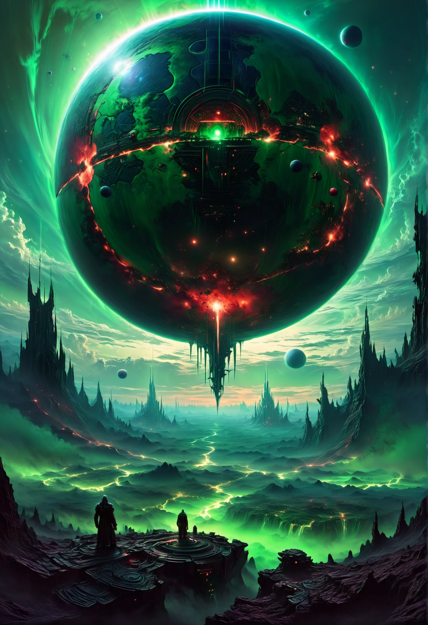 best quality, masterpiece, a painting of a giant Dyson sphere in the of a green and red sky, concept art, science fiction gothic art, acid bleeding deep colors, no gradients, inspired by Marc Simonetti, krenzcushart, mysterious, eerie atmosphere, dark fantasy art, scary color art, Grisaille, wallpaper, devouring a planet, dark atmosphere illustration, uhd 4 k, fractal landscape, (no humans:1.3), painted in high resolution, colorful  <lora:SDXLFaeTastic2400:1> <lora:DetailMaximizer:1>