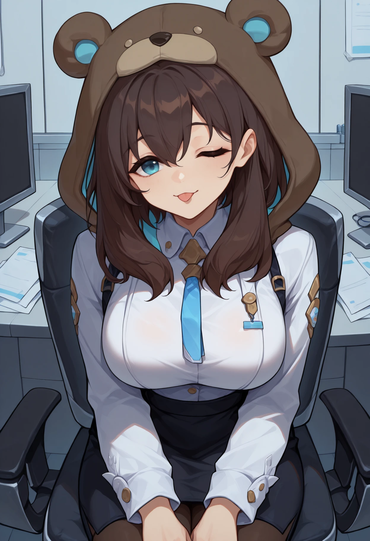 anime, masterpiece, best quality, <break> solo, 1girl, yv3tte, slight smile, closed mouth, tongue out, looking at viewer, sitting, swivel chair, head tilt, long hair, brown hair, hair between eyes, bear hood, hood up, blue eyes, one eye closed, white shirt, collared shirt, long sleeves, black skirt, pencil skirt, black pantyhose, indoors, office, cubicle
<segment:yolo-Anzhc Face seg 640 v2 y8n.pt,0.4,0.5//cid=1>