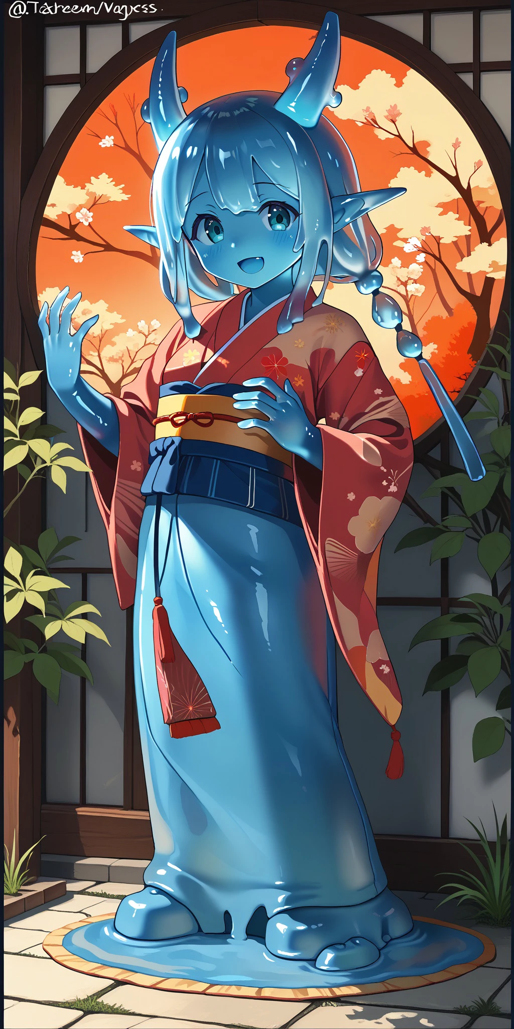 masterpiece, best quality, <lora:slime_girl_core_basePony_v2:1> core, 1girl, solo, smile, open mouth, full body, horns, japanese clothes, twitter username, kimono, no humans, colored skin, border, monster girl, blue skin, black border