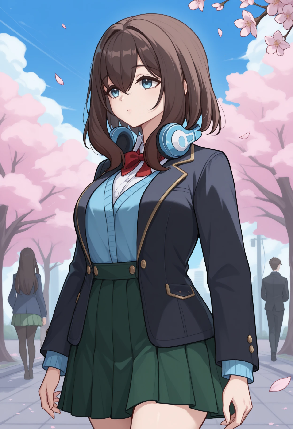 masterpiece, best quality, <break> solo focus, 1girl, yv3tte, expressionless, looking away, walking, long hair, brown hair, hair between eyes, headphones around neck, blue eyes, black jacket, blazer, open jacket, long sleeves, blue cardigan, white shirt, collared shirt, red bowtie, green skirt, pleated skirt, outdoors, blue sky, cloud, sidewalk, cherry blossoms, falling petals
<segment:yolo-Anzhc Face seg 640 v2 y8n.pt,0.4,0.5//cid=1>