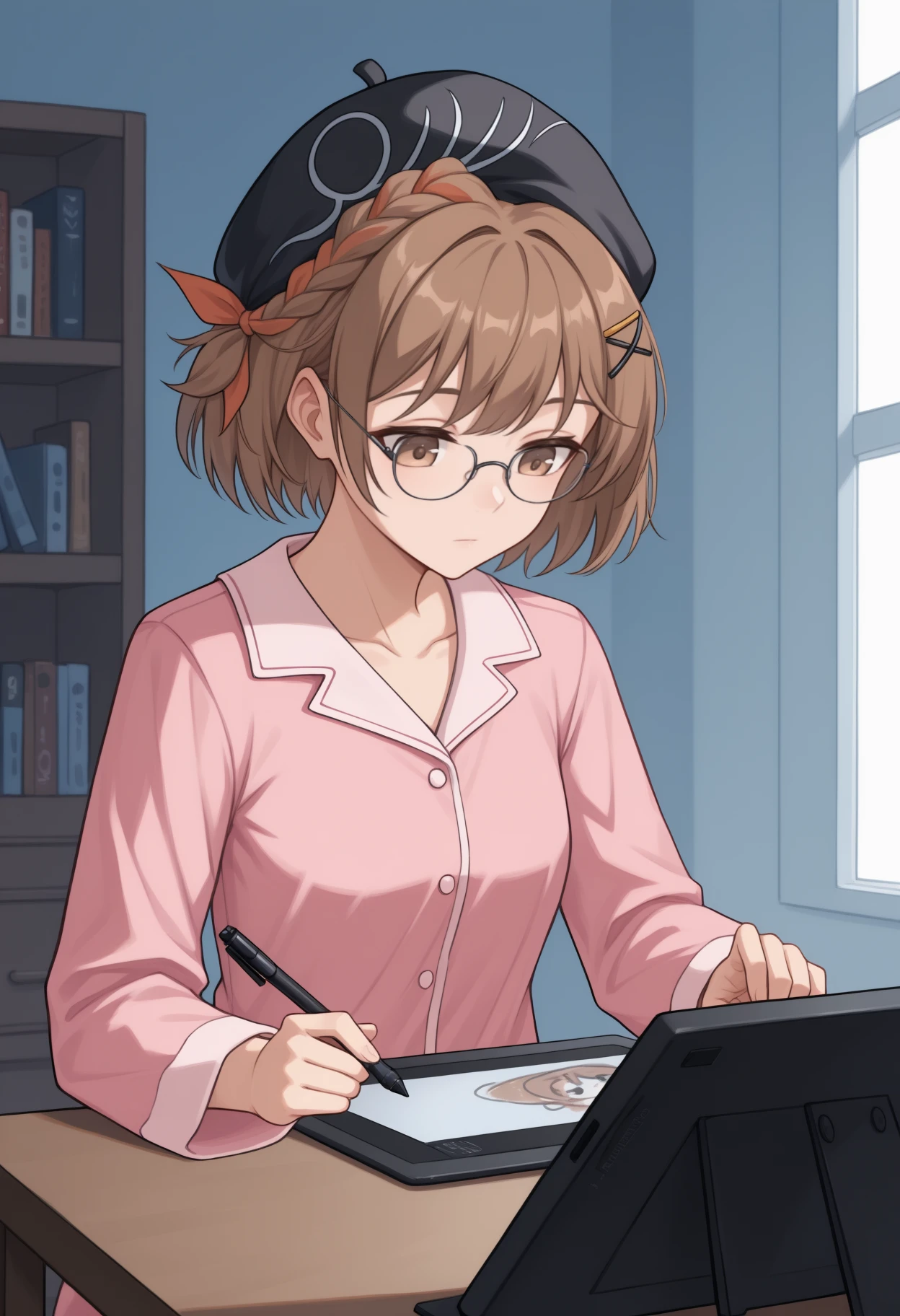 masterpiece, best quality, <break> upper body, solo, 1girl, maddelena, expressionless, looking down, drawing tablet, holding pen, short hair, brown hair, braid, hairclip, black headwear, beret, brown eyes, glasses, pajamas, pink shirt, long sleeves, indoors, bedroom, drawer, window shadow, bookshelf, table
<segment:yolo-Anzhc Face seg 640 v2 y8n.pt,0.4,0.5//cid=1>