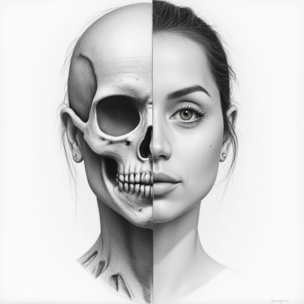 Detailed realistic drawing of the face of a woman facing the viewer but the left half of her face is skull while the right side of her face is normal. She has no hair on the left side of her face only a skull and also her eye-socket is hollow on the left side., <lora:anarmas_local_v4_96img_merger_24_60_01_09:1>