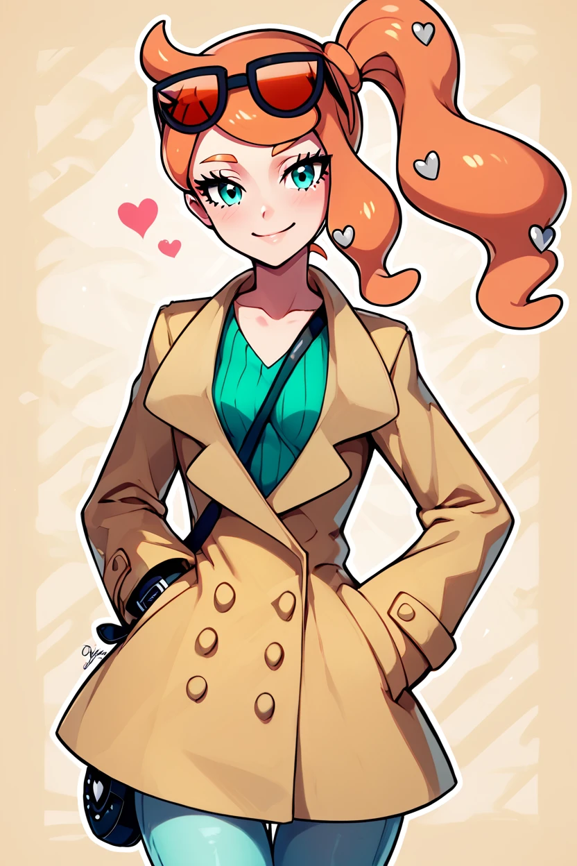 score_9, score_8_up, score_8, medium breasts, (curvy), cute, eyelashes,       ,,, , ,,, zzSonia, aqua eyes, long hair, orange hair, long hair, side ponytail, coat, hair ornament, heart, heart hair ornament, brown coat, ribbed shirt, shirt, sunglasses, eyewear on head,  <lora:Sonia_Pokemon_PDXL:1.0>,    ,,,, BREAK, smile, looking at viewer, ,,, abstract background, white outline, cowboy shot, ,,, embedding:zPDXL, Expressiveh, ,,, <lora:CatalystStylePDXL:0.6>, <lora:SDXLFaeTastic2400:0.5>, <lora:Expressive_H-000001:0.4>,