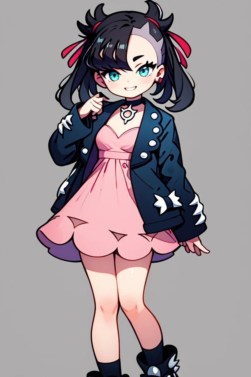 score_9, score_8_up, score_8, medium breasts, (curvy), cute, eyelashes,       BREAK, , BREAK, zzMarnie, aqua eyes, black choker, black hair, red ribbon, pink dress, jewelry, black jacket, open clothes, long sleeves, <lora:MarnieP3:0.8>,, socks, big shoes,  <lora:CuteToonPDXL:0.8>, , BREAK,  smile, looking at viewer, cowboy shot,  embedding:zPDXL, Expressiveh, <lora:SDXLFaeTastic2400:0.5>,  <lora:Expressive_H-000001:0.4>,