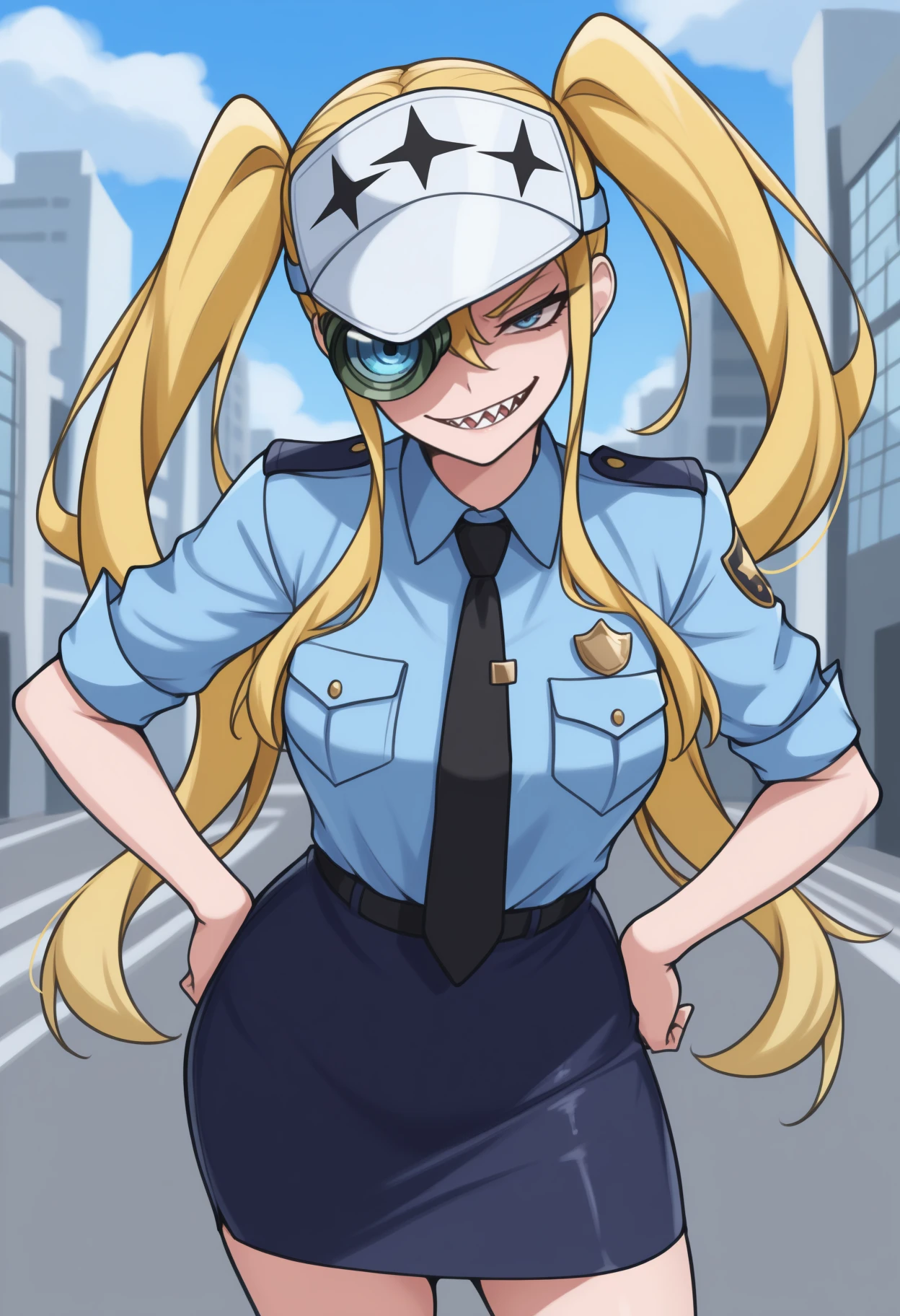 masterpiece, best quality, <break> cowboy shot, solo, 1girl, hak0date, sharp teeth, smirk, looking at viewer, standing, hands on own hips, long hair, blonde hair, twintails, white headwear, visor cap, scope, blue eyes, one eye covered, v-shaped eyebrows, police uniform, blue shirt, collared shirt, black necktie, badge, sleeves rolled up, blue skirt, pencil skirt, outdoors, blue sky, cloud, city street
<segment:yolo-Anzhc Face seg 640 v2 y8n.pt,0.4,0.5//cid=1>