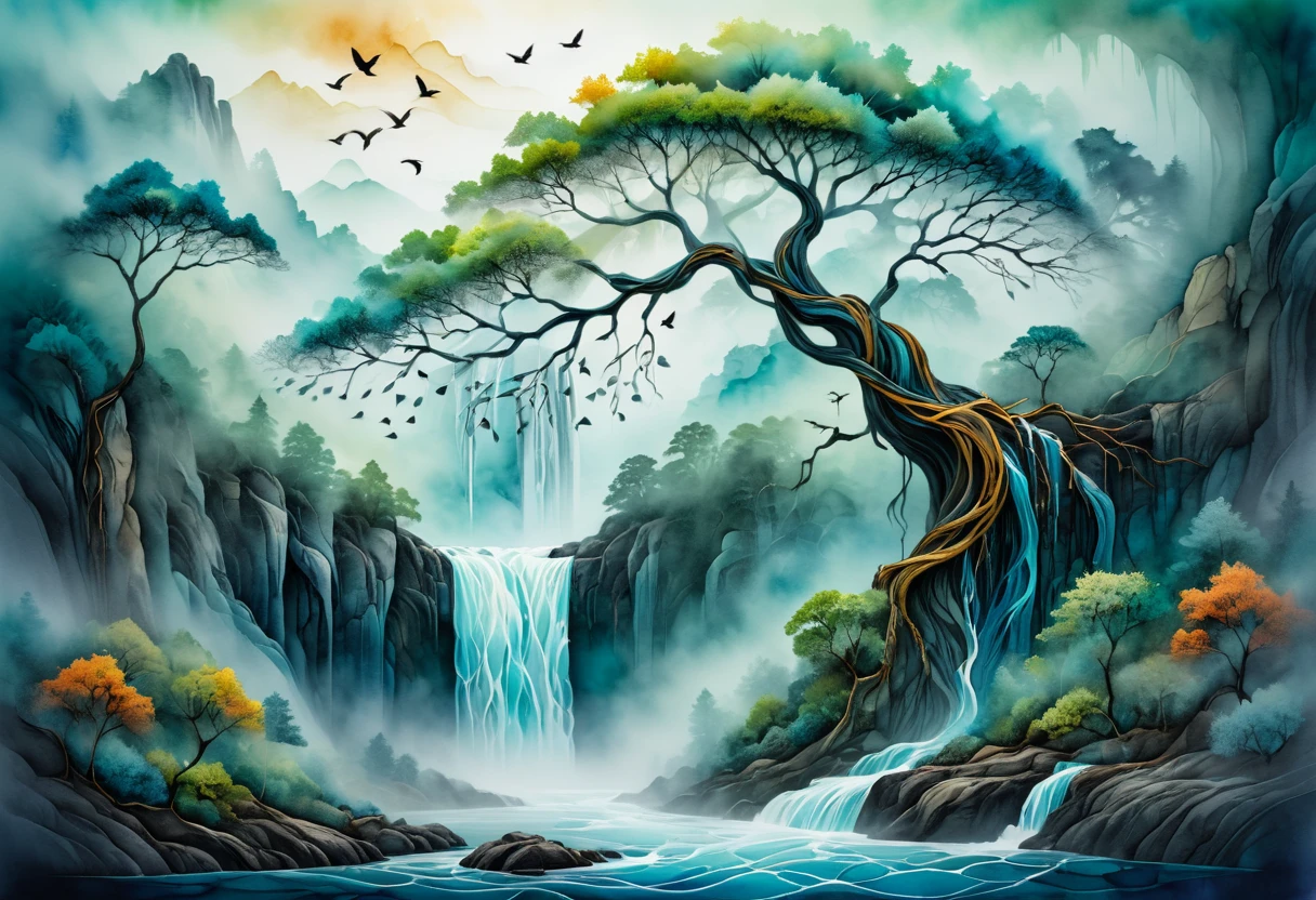 a tree surrounded by mist, a tree with birds perched in its branches, a tree by a waterfall, <lora:artfully_TREES-000007:0.4>, nested within intricate shapes, suspended in a boundless void, delicate layers of refinement, in the style of alcohol ink, waves of undulating textures, in the style of carving, painted in soft masterpiece, detailed, best quality, absurd resolution uhd, 8k,