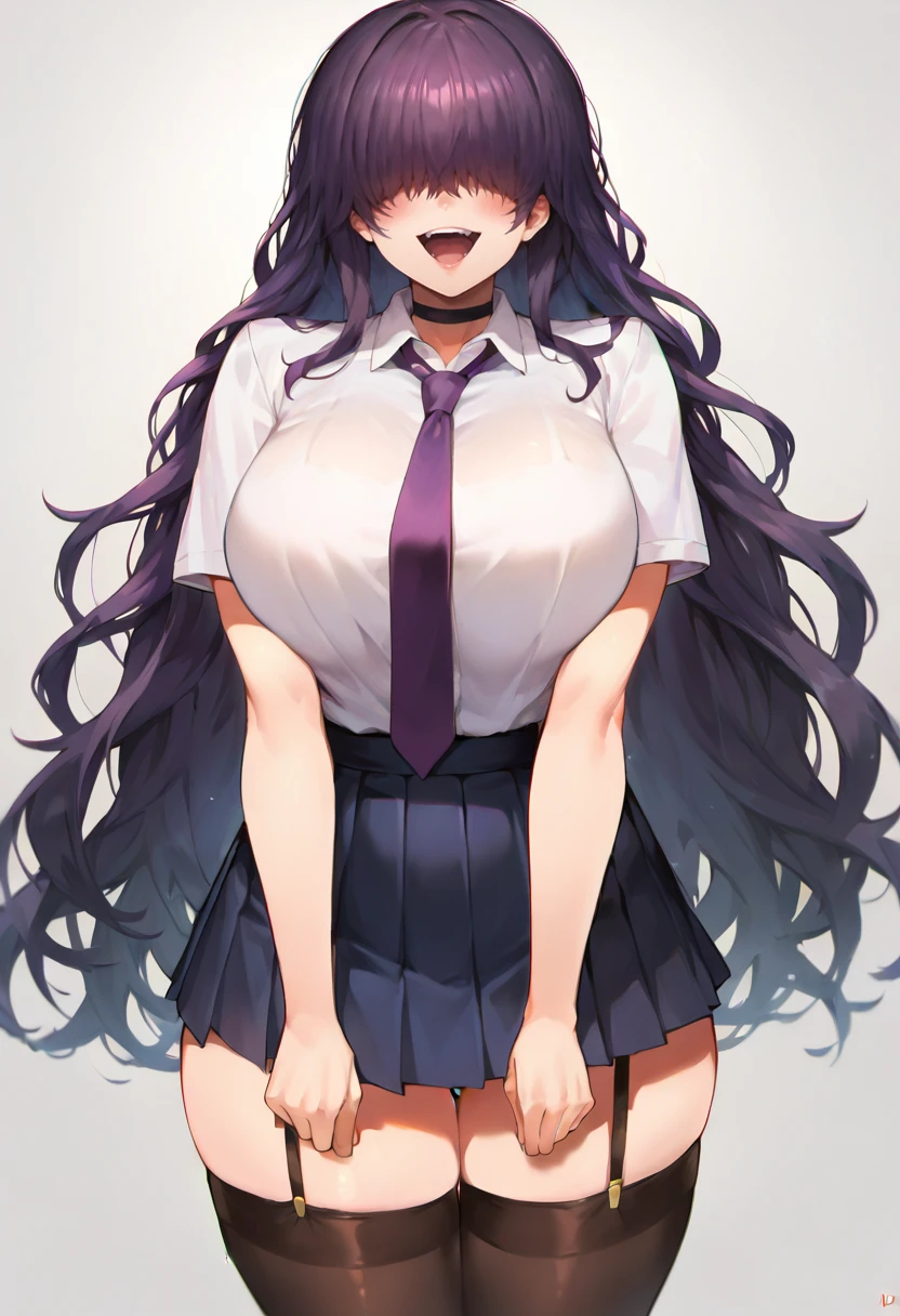 score_9, score_7_up,  1girl, 
huge breasts, wide hips, thick thighs, smile, wavy hair, cowboy shot, thighhighs, skirt, shirt, breasts, collared shirt, white shirt, very long hair, long hair, hair over eyes, solo, choker, :d, short sleeves, dress shirt, tee...