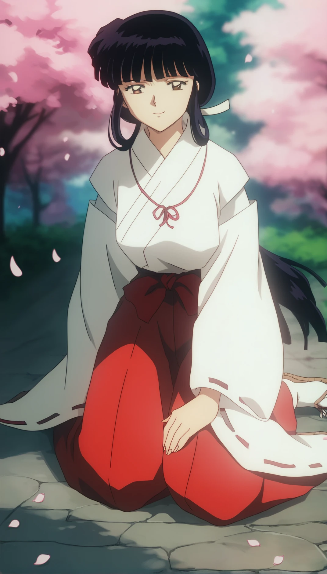 score_9,score_8_up,score_7_up,
<lora:1126kikyo:1>,oykik,
1girl,solo,black hair,bangs,low ponytail,white scrunchie,
brown eyes,looking at viewer,smile,
miko outfit,
red ribbon necklace,
red hakama,
white socks,straw sandals,
sitting,on ground,
outdoors,soft lighting,blurry background,cherry blossoms,falling petals,