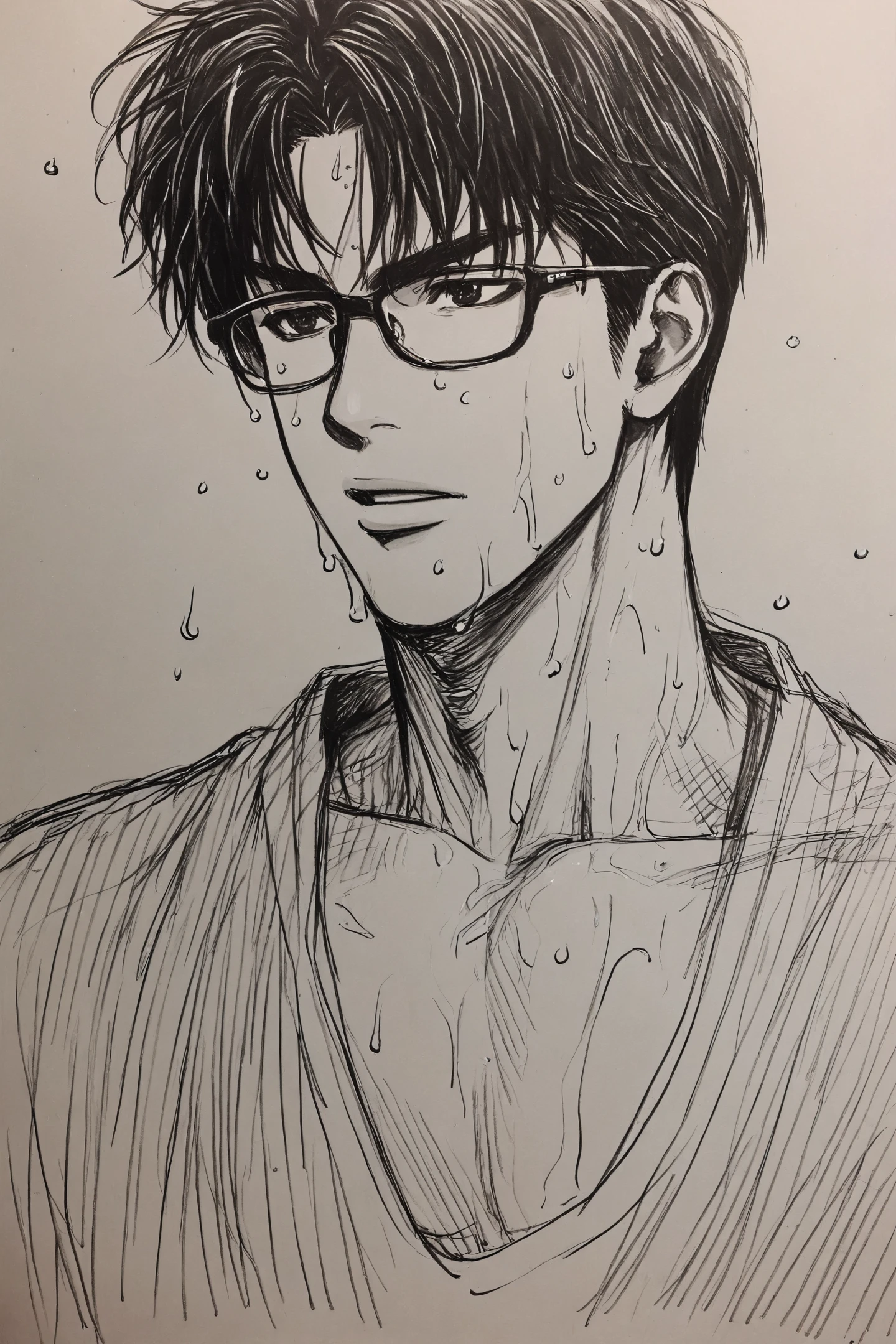 solo,monochrome,1boy,male focus,glasses,greyscale,sketch,sweat,parted lips,traditional media,graphite (medium),wet,
<lora:Inoue Takehiko_illustriousXL:0.8>,