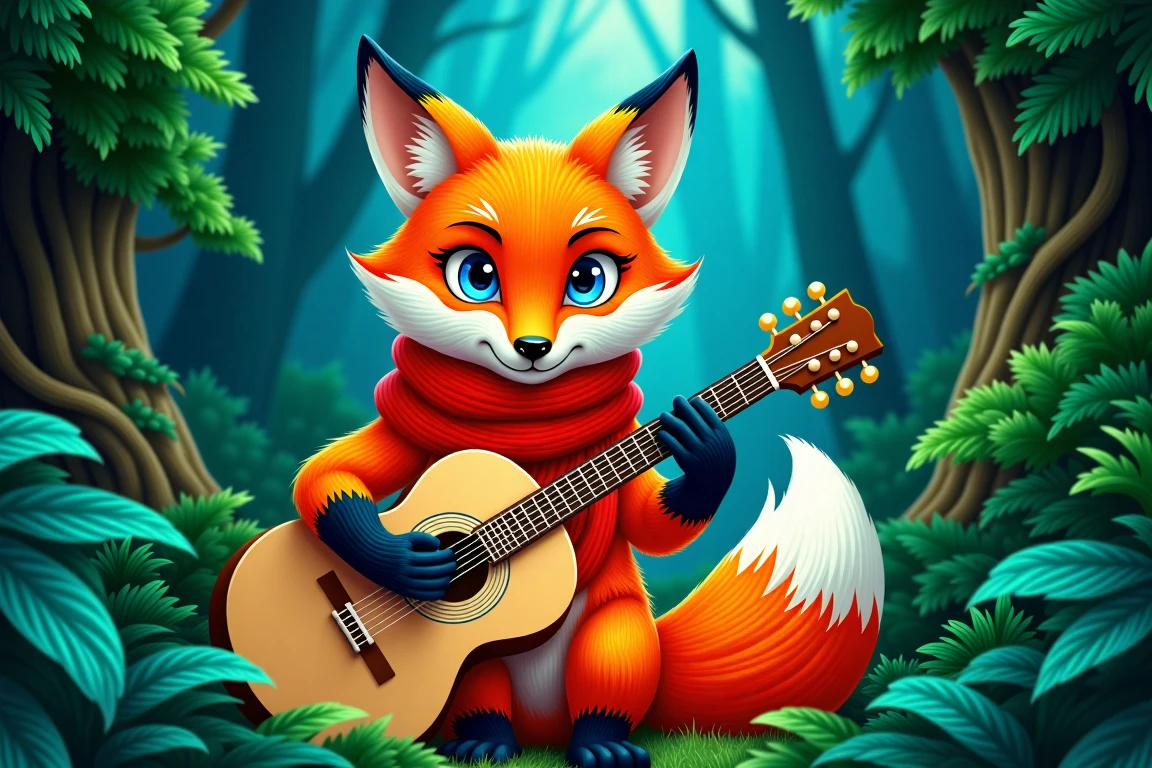 In a mystical, nule style forest setting, where emerald hues and misty veil envelop the landscape, an orange fox poses with regal presence. Framed by lush foliage, the cunning creature gazes piercingly through bright blue eyes, its right hand cradling a light brown guitar. The fiery red scarf wraps elegantly around the neck, complementing darker orange paws and the white feathered tail tip. Amidst the dense forest, the warm-toned fox stands out against the deep blue backdrop, highlighting striking features amidst the mystique of the misty forest.