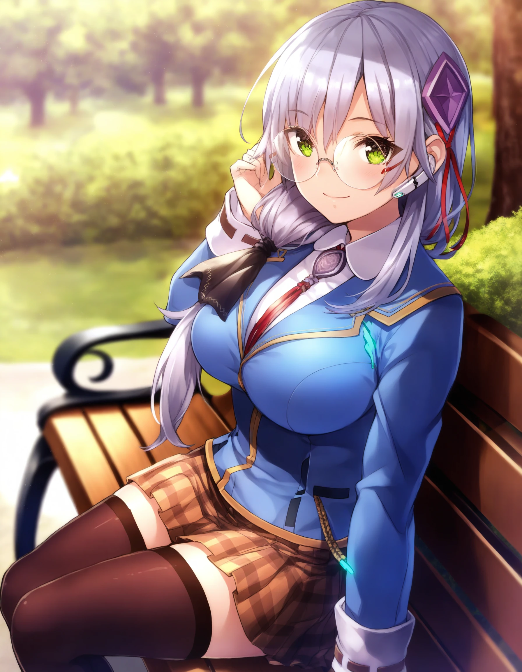 <lora:IzumiYuki_illustrious_V1:0.8>iyuki, izumi yuki \(heaven burns red\), heaven burns red, yuugen,
1girl, solo, happy, relaxing, sitting on bench, listening to music, looking at viewer, 
blurry background, outdoors, park, nature, bloom,light particles, 
long hair, grey hair, hair over shoulder,  bangs, hair between eyes, hair ornament, earphones,  hair ribbon, green eyes, round eyewear, large breasts,
school uniform, blazer, blue jacket,  white shirt, necktie, brown miniskirt, pleated skirt, plaid skirt, black thighhighs, zettai ryouiki, 
masterpiece, best quality, very aesthetic, absurdres, newest, recent, modern,