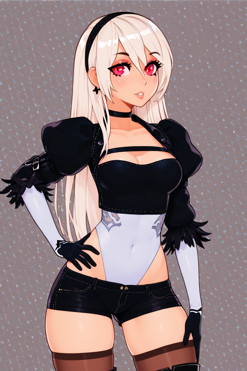 score_9, score_8_up, score_8, large breasts, (curvy), cute, eyelashes,       ,,, , ,,, zzYoRHaIllyaCitron, red eyes, black hairband, hairband, long hair, white hair, choker, thigh boots, highleg leotard, <lora:YoRHa_Illya_CitronOC_PDXL:0.8>,     ,,,, BREAK, solo, thighhighs, navel, jewelry, medium breasts, cowboy shot, earrings, parted lips, shorts, choker, midriff, armor, short shorts, skindentation, black choker, shoulder armor, ,,, abstract background,  ,,, hand on hip, ,,, embedding:zPDXL, Expressiveh, ,,, <lora:Halphelt_PDXL-000008:0.8>, <lora:Uncensored_PonyXL_cpt_v02.09:0.4>, <lora:Expressive_H-000001:0.4>,