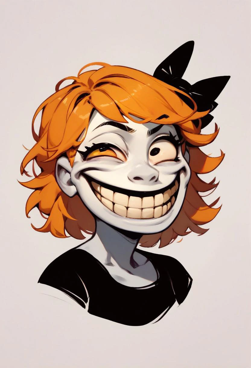 score_9, score_8_up, score_7_up, score_6_up, score_5_up, simple, trollface, teeth, grin, smile, derpina, 1girl, short hair, hair bow, medium hair, orange hair, black dress,, white skin,,