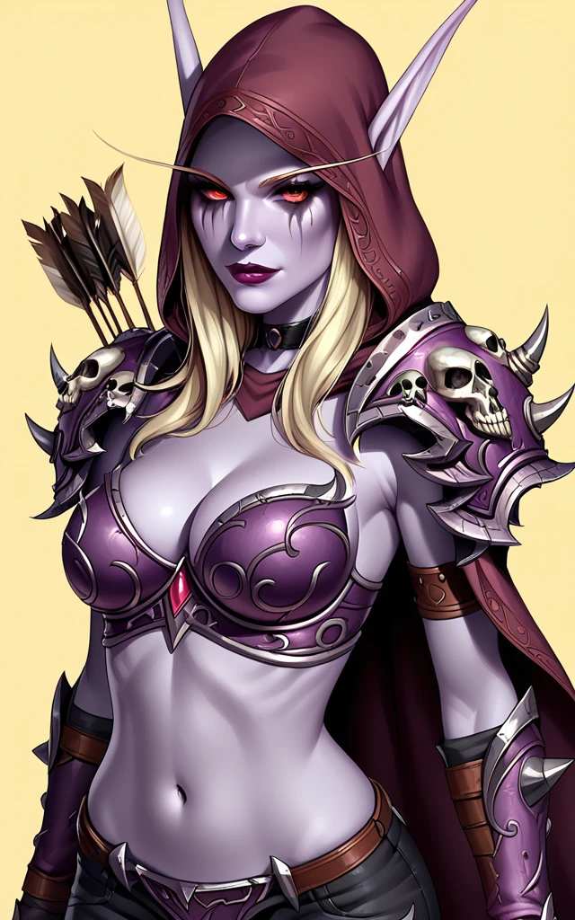 score_9, score_8_up, score_7_up, profile, portrait, falling petals, red petals, yellow background, solo, looking at viewer,  <lora:PONYXL_WOW_SylvanasWindrunner_ownwaifu:0.9>, BREAK GAME_WOW_SylvanasWindrunner_ownwaifu, 1girl, red eyes, glowing eyes, black eyeshadow, blonde hair, purple skin, undead, very long ears, colored skin, dark elf, ears through headwear, hood up, long eyebrows, long hair, pointy ears, bikini armor, shoulder armor, ornate armor, hood, pauldrons, quiver, lips, colored sclera, navel, cleavage, midriff, skull, cape, facial mark, gauntlets, large breasts, black pants, feathers, lipstick, gloves, makeup, shoulder pads, weapon on back, choker, jewelry, red lips, long pointy ears, breastplate, chainmail, cloak, fingerless gloves, gem, horns, nose, skeleton, spikes,<lora:Expressive_H:0.15> <lora:add-detail-xl:0.15>,