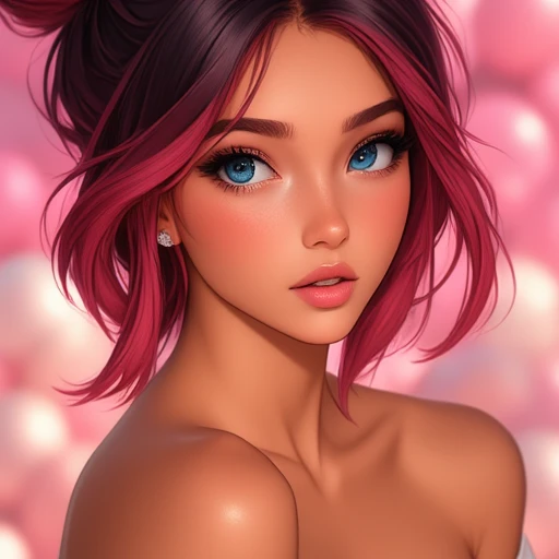 wavy, digital illustration of a young woman with a striking appearance. She has a light skin tone and striking, with the rest cascading down in a vibrant, arched eyebrows, adorned with a large, digital illustration featuring a young woman with a striking, with a subtle blush highlighting her cheeks., alluring gaze., slightly parted lips with a subtle pink blush., delicate makeup. She has a slender, a small nose