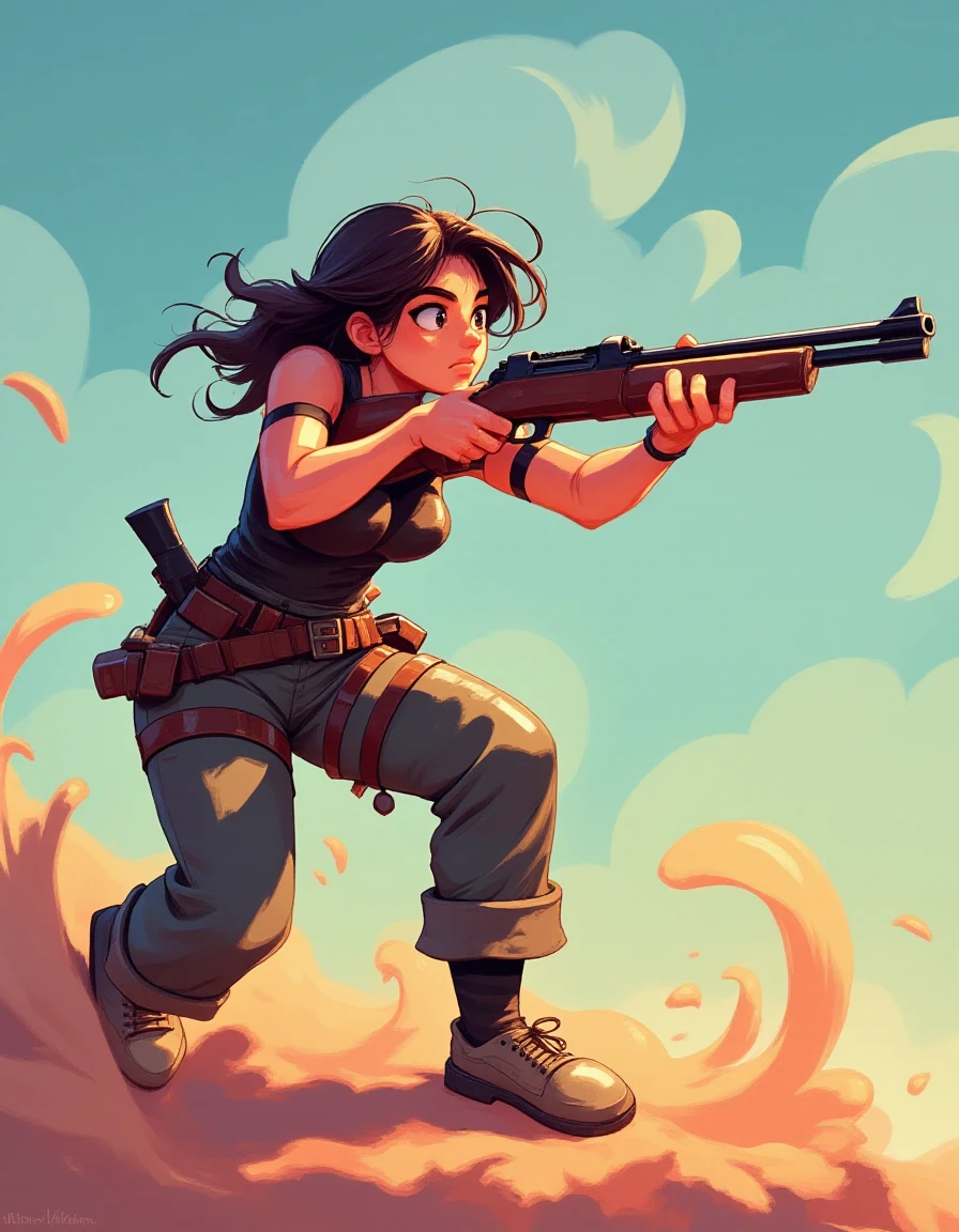 Cartoon style, a woman firing a rifle  <lora:Saturday_Morning_Cartoon_Style_FLUX-000009:1>