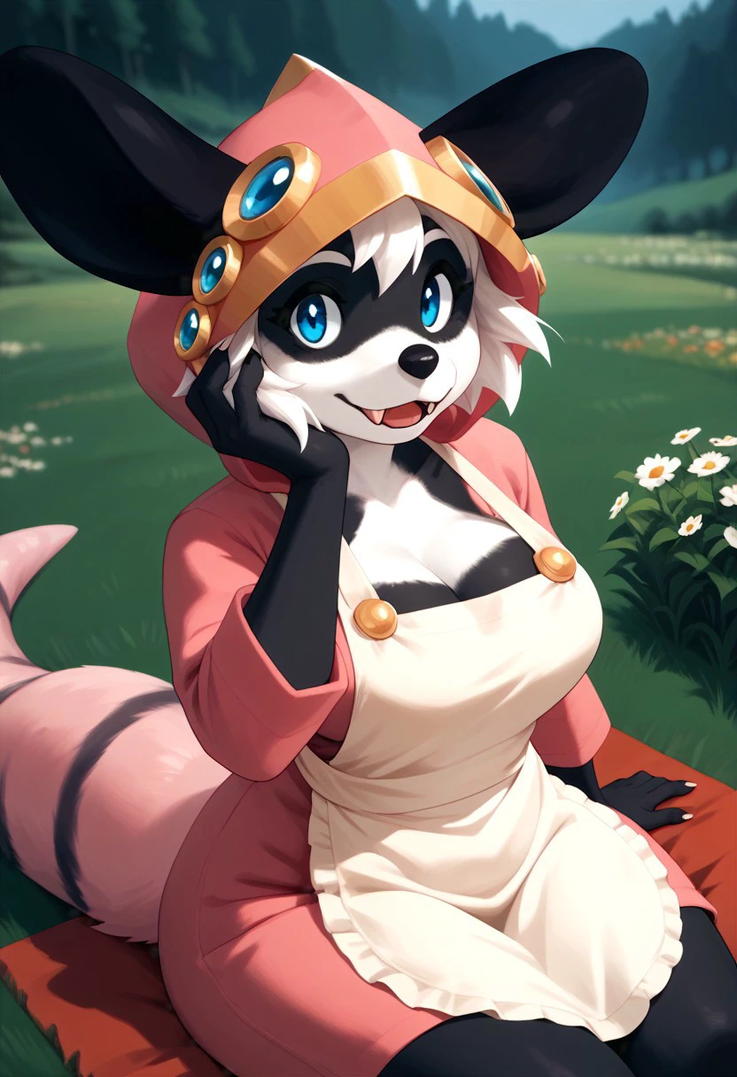 score_9, score_8_up, score_7_up, FMW1, painterly, vibrant details, source_furry, 1girl, anthro, sallyss, white hair, fangs, black ears, pink hooded robe, apron, pink tail, large breasts, huge ass, sitting, outdoors, grassy field, sunny, hand on own face, looking at viewer,