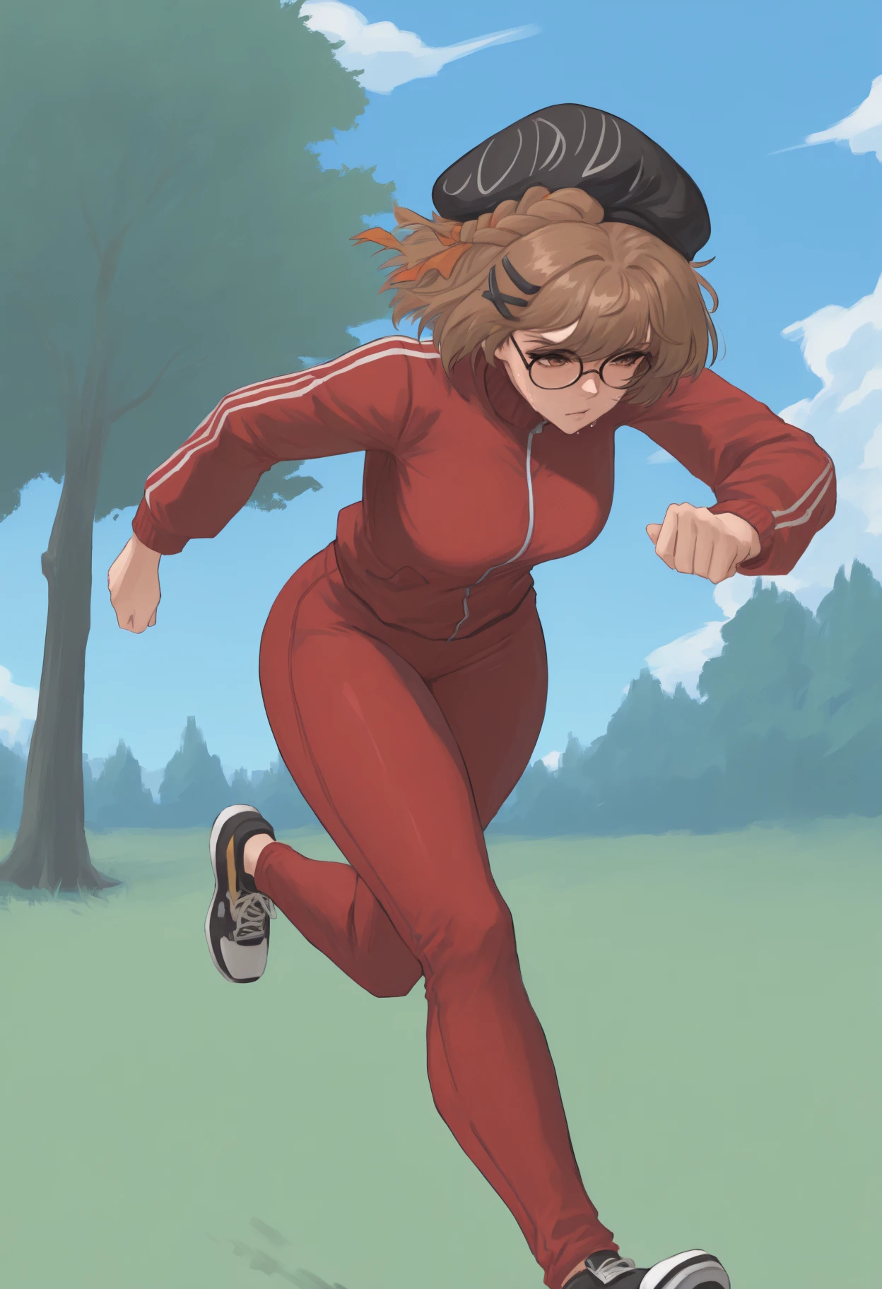 masterpiece, best quality, <break> solo, 1girl, maddelena, sweat, running, short hair, brown hair, braid, hairclip, black headwear, beret, brown eyes, glasses, track suit, red jacket, track jacket, long sleeves, red pants, sneakers, outdoors, blue sky, cloud, park, grass, tree
<segment:yolo-Anzhc Face seg 640 v2 y8n.pt,0.4,0.5//cid=1>