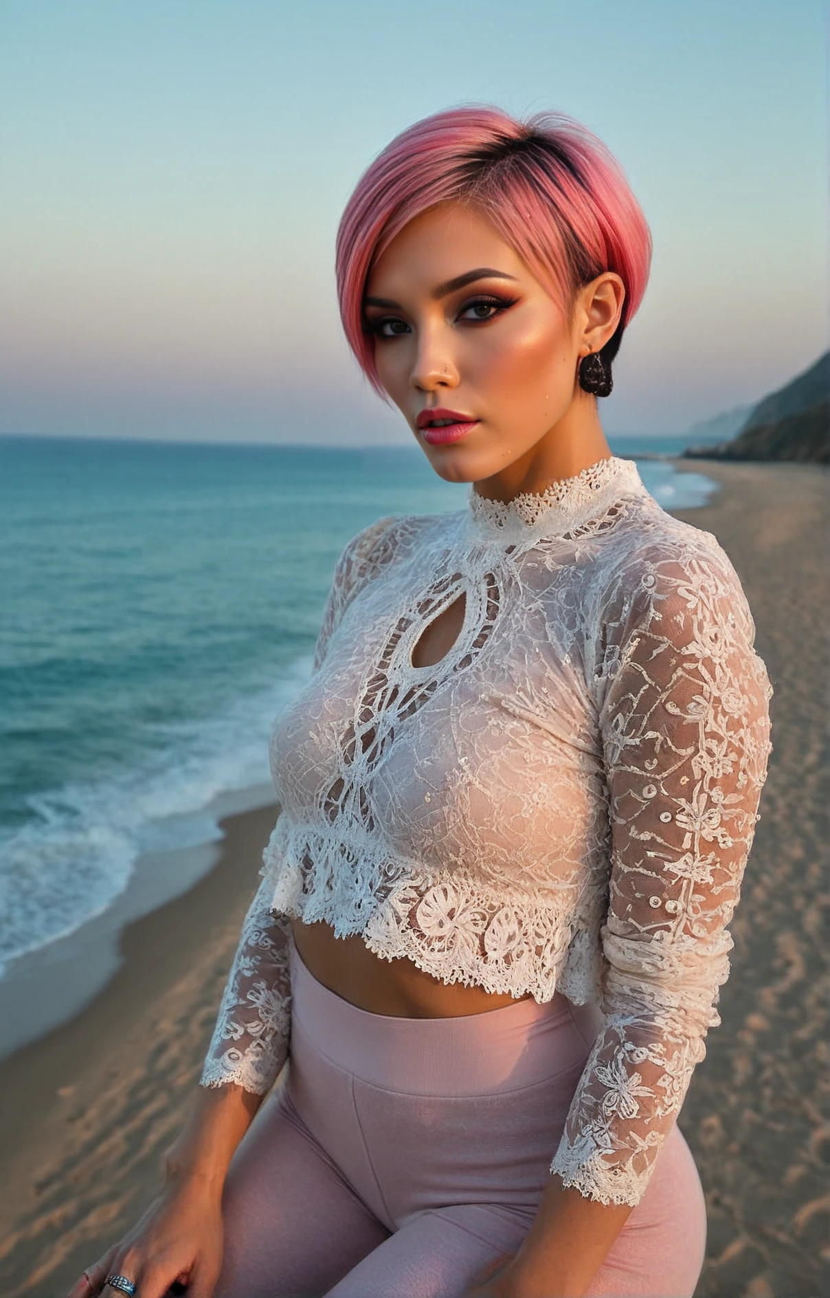 Stable_Yogis_PDXL_Positives
Stable-Yogis-Makeup-Enhancer-XL
<lora:Dynamic_Lighting_by_Stable_Yogi_SDXL3_v1:1> dynamic lighting,
Photo shoot, of a sexy young beautiful Vietnamese model , Berry lips makeup style , Layered pixie cut hairstyle , Coral pink hair_color , Stacked rings with crystals , wearing Lace see-through keyhole blouse, Fleece leggings , beachfront bar with a view of the sea , shot with Sony FX6 Cinema camera, light_particles, cinematic, dynamic_angle, beautiful, realistic, real_life.