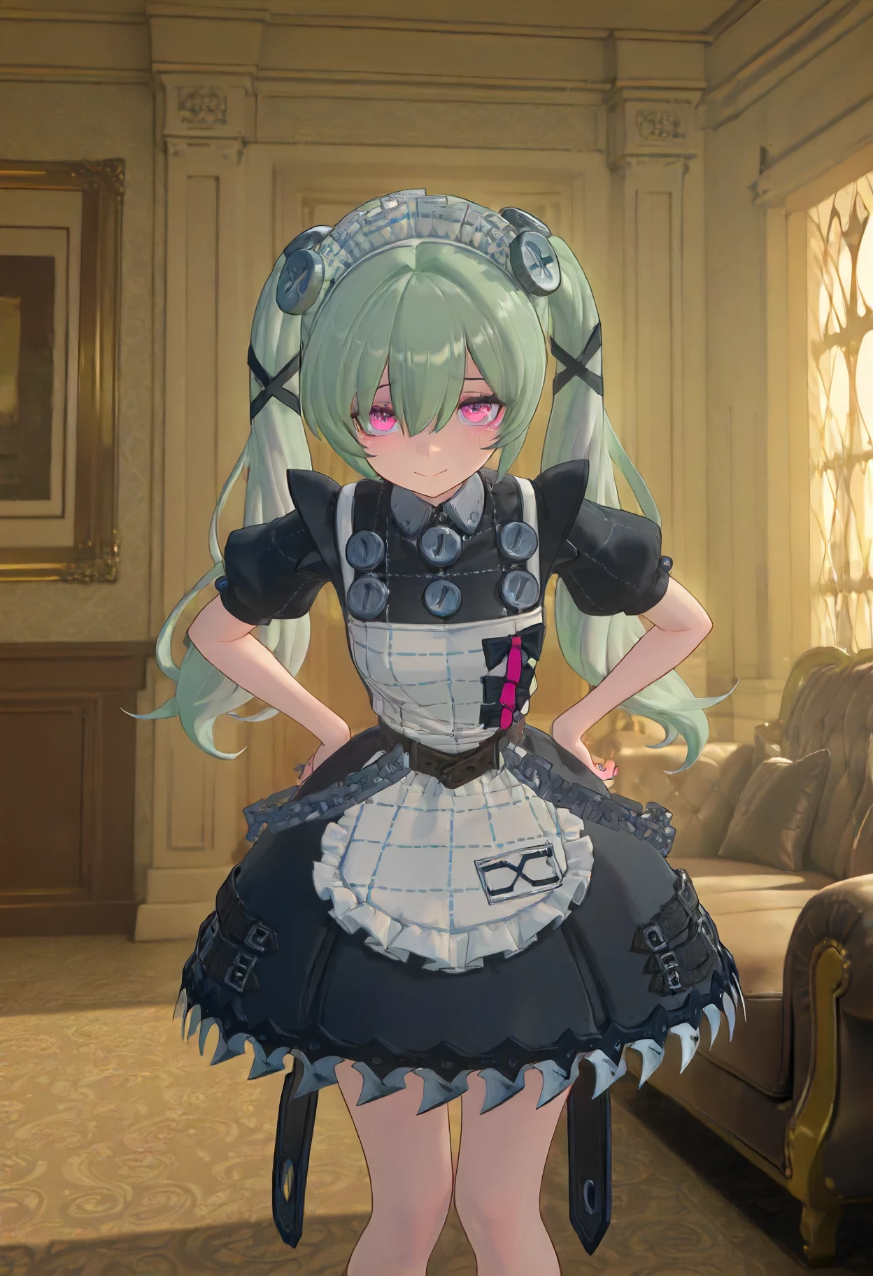 masterpiece, best quality, amazing quality, very aesthetic, absurdres, newest, scenery, volumetric lighting, perfect eyes, ultra detailed,
1girl, solo, pale green hair, two ponytails, hair ornaments, pink eyes, eyelashes, 
maid outfit, screw head ornaments, belts, chain, no sleeves, metal wristbands, blade outskirt,
standing, looking at viewer, shy, nervous, smile, hands on hips,
mansion, luxury room, luxury sofa, marble wall, detailed background,
<lora:Corin_Wickes_-_Zenless_Zone_Zero_ZZZ__Illustrious:1>
masterpiece, best quality, amazing quality, very aesthetic, absurdres, newest, scenery, volumetric lighting, perfect eyes, ultra detailed,