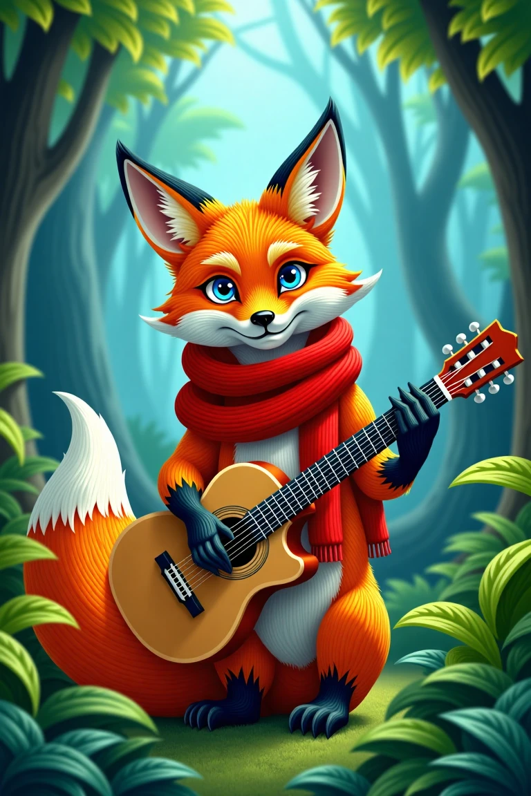 In a mystical, nule style forest setting, where emerald hues and misty veil envelop the landscape, an orange fox poses with regal presence. Framed by lush foliage, the cunning creature gazes piercingly through bright blue eyes, its right hand cradling a light brown guitar. The fiery red scarf wraps elegantly around the neck, complementing darker orange paws and the white feathered tail tip. Amidst the dense forest, the warm-toned fox stands out against the deep blue backdrop, highlighting striking features amidst the mystique of the misty forest.