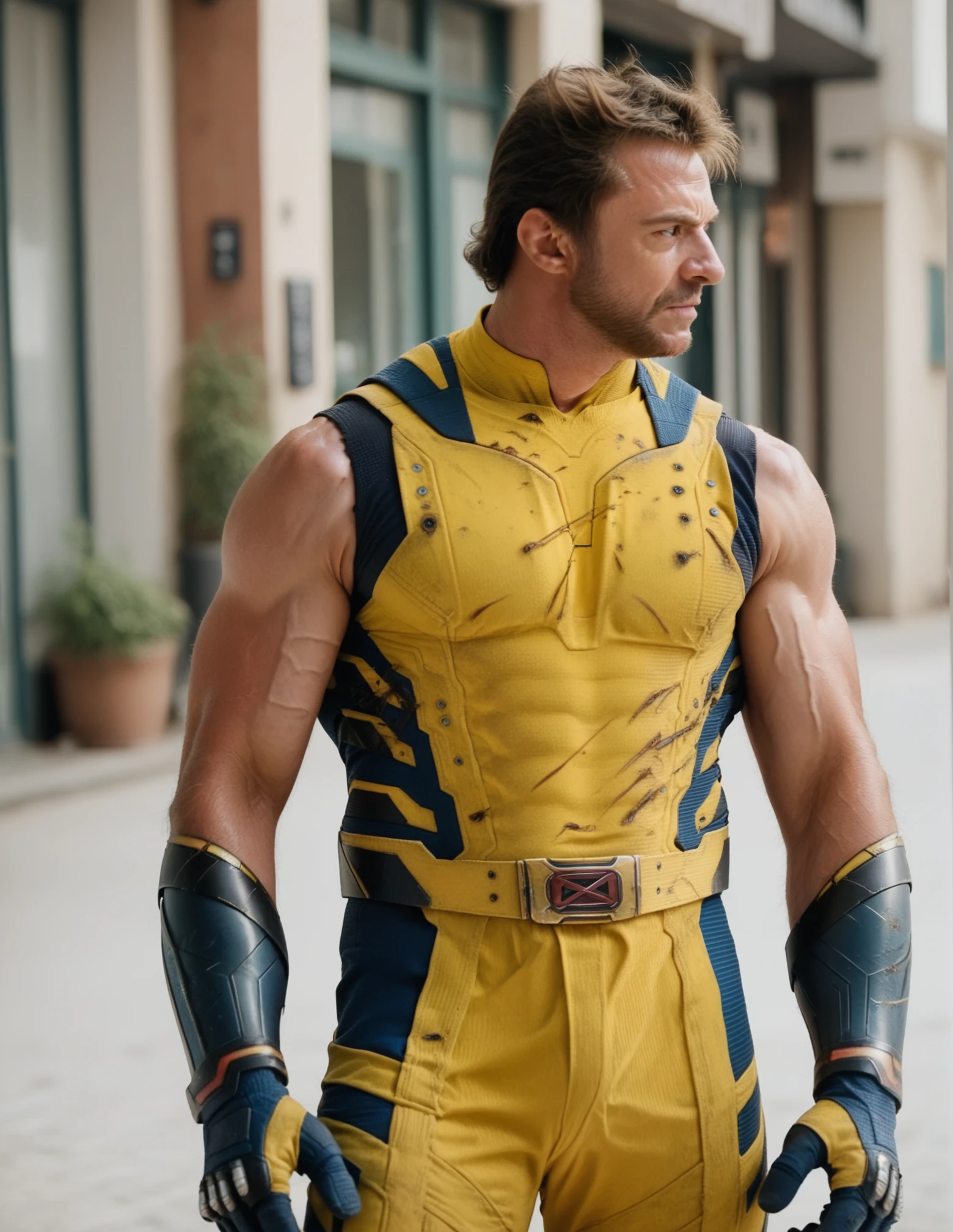 male, yellow bodysuit, sleeveless, solo. belt, gloves, muscular <lora:Wolverine:0.7> wolverine, score_9, score_8_up, score_7_up, score_6_up