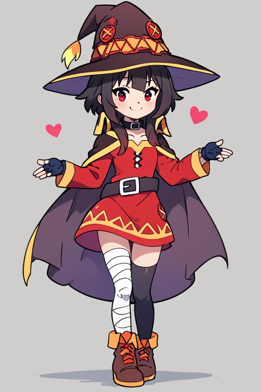 score_9, score_8_up, score_8, medium breasts, (curvy), cute, eyelashes,       BREAK, , BREAK, <lora:konosuba-megumin-s2-ponyxl-lora-nochekaiser:0.7>, megumin, short hair, black hair, red eyes, short hair with long locks, thighhighs, gloves, hat, dress, black gloves, belt, black thighhighs, fingerless gloves, cape, collar, witch hat, bandages, red dress, single thighhigh, asymmetrical legwear, bandaged leg,, socks, big shoes,  <lora:CuteToonPDXL:0.8>, , BREAK,  smile, looking at viewer, cowboy shot,  embedding:zPDXL, Expressiveh, <lora:SDXLFaeTastic2400:0.5>,  <lora:Expressive_H-000001:0.4>,