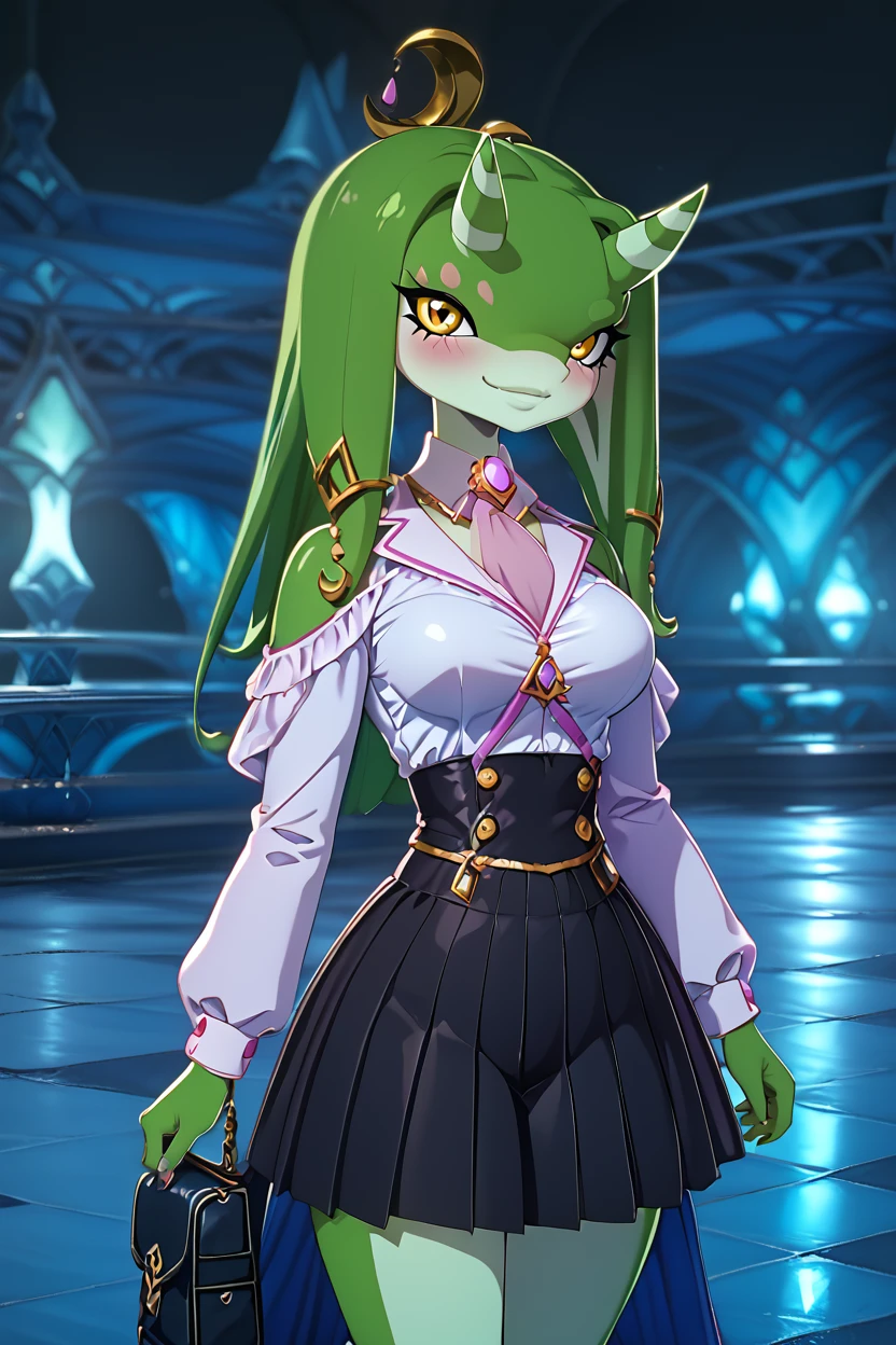 score_9, score_8_up, score_8, medium breasts, (curvy), cute, eyelashes,       ,,, , ,,,  zzYona, yellow eyes, green hair, horns, long hair, green skin, two-tone skin, white skin, long hair, colored skin, multicolored skin, gem, jewelry, blurry background, brooch, <lora:YonaZelda_PDXL:1.0>,                         ,,,, BREAK, closed mouth, alternate costume, smile, looking at viewer, collared shirt, blush, sweater, black skirt, eyelashes, long sleeves, sleeves past wrists, plaid skirt, shoulder bag, black bag, blurry, tile floor, pleated skirt, white shirt, cowboy shot, ,,, embedding:zPDXL, Expressiveh, ,,, <lora:Vivid:0.7>, <lora:LFashionPDXL:1>, <lora:Uncensored_PonyXL_cpt_v02.09:0.4>, <lora:Expressive_H-000001:0.4>,