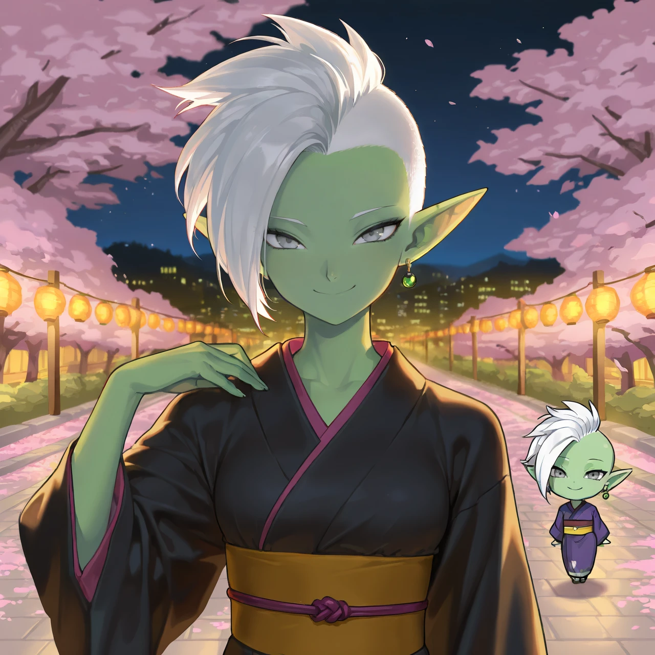 <lora:Zamasu_All_in_One:0.6> masterpiece, best quality, chibi, outdoors, night, dark, looking at viewer, smile, happy, closed mouth, 1girl, small breasts, solo, Zambaseasu, colored skin, green skin, mohawk, white hair, grey eyes, pointy ears, single earring, green earring, kimono, long sleeves, cherry blossoms,