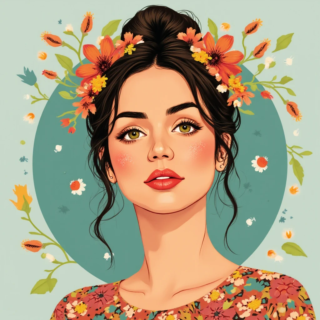 Use modern vector graphics flat design art with vibrant colors with a limited color pallete and simple shapes to create an illustration of a woman wearing flowers in her hair looking at the viewer, <lora:anarmas_local_v4_96img_merger_24_60_01_09:1>