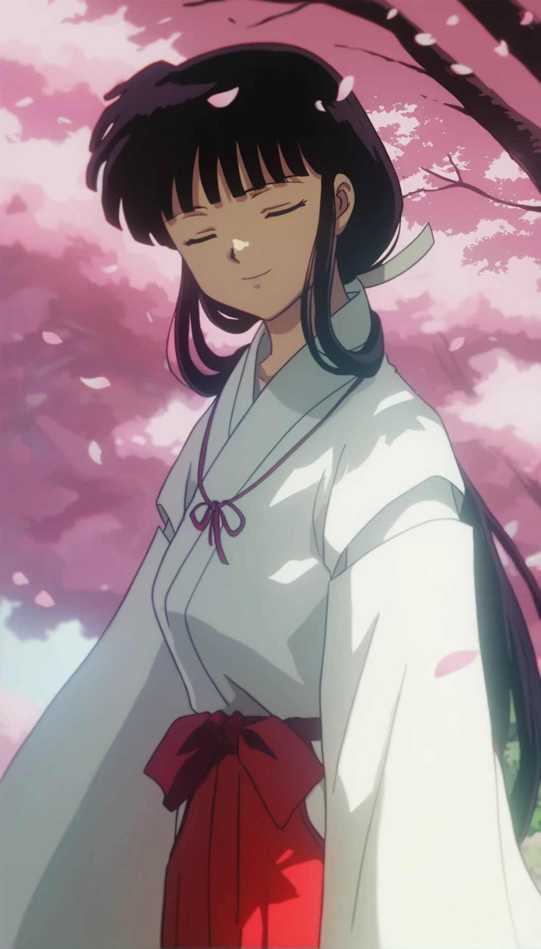 score_9,score_8_up,score_7_up,
<lora:1126kikyo:1>,oykik,
1girl,solo,black hair,bangs,low ponytail,white scrunchie,
brown eyes,smile,closed eyes,
miko outfit,
red ribbon necklace,
red hakama,
portrait,head tilt,
outdoors,soft lighting,blurry background,cherry blossoms,falling petals,