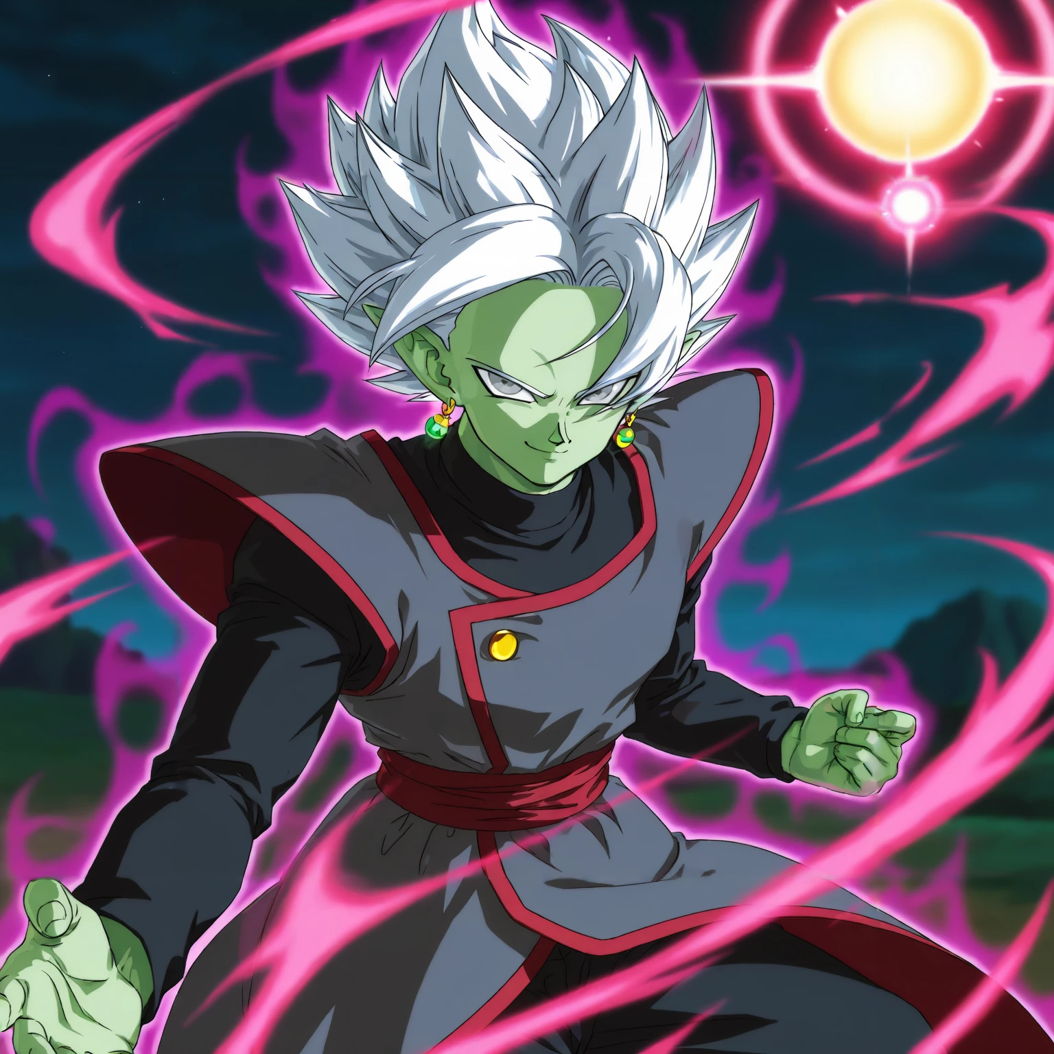 masterpiece, best quality, anime screenshot, outdoors, night, dark, dark theme, looking at viewer, smile, smug, closed mouth, 1boy, solo, <lora:Zamasu_All_in_One:0.6> Zafmionasu, colored skin, green skin, spiked hair, white hair, super saiyan, grey eyes, pointy ears, potara earrings, green earrings, black shirt, long sleeves, shirt under tunic, grey tunic, shoulder pads, red trim, gold button, red sash, baggy pants, black pants, floating hair, floating, dark aura, energy ball