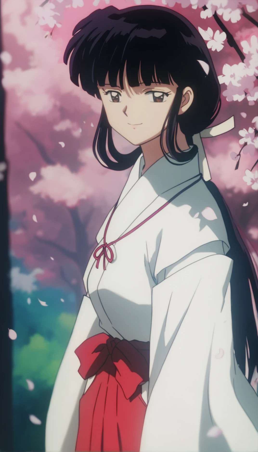 score_9,score_8_up,score_7_up,
<lora:1126kikyo:1>,oykik,
1girl,solo,black hair,bangs,low ponytail,white scrunchie,
brown eyes,looking at viewer,smile,
miko outfit,
red ribbon necklace,
red hakama,
portrait,
outdoors,soft lighting,blurry background,cherry blossoms,falling petals,