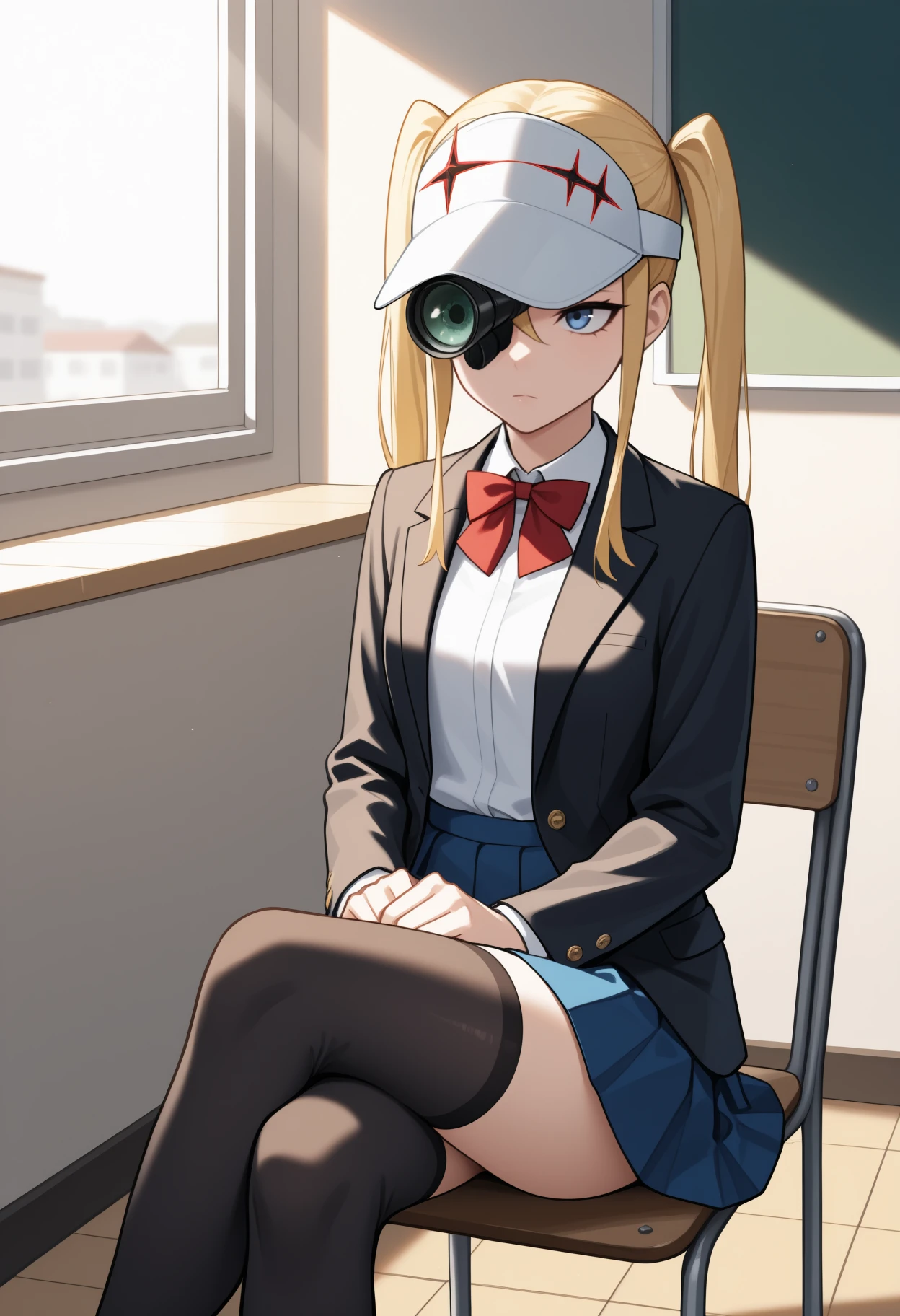 masterpiece, best quality, <break> solo, 1girl, hak0date, expressionless, closed mouth, looking away, sitting, chair, crossed legs, hands on lap, long hair, blonde hair, twintails, white headwear, visor cap, scope, blue eyes, one eye covered, black jacket, blazer, open jacket, long sleeves, white shirt, collared shirt, red bowtie, blue skirt, pleated skirt, black thighhighs, indoors, classroom, sunlight, window
<segment:yolo-Anzhc Face seg 640 v2 y8n.pt,0.4,0.5//cid=1>