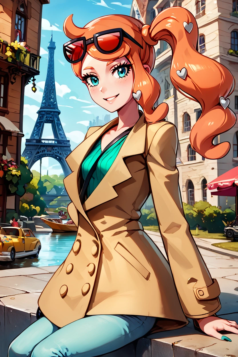 score_9, score_8_up, score_8, medium breasts, (curvy), cute, eyelashes,       ,,, , ,,, zzSonia, aqua eyes, long hair, orange hair, long hair, side ponytail, coat, hair ornament, heart, heart hair ornament, brown coat, ribbed shirt, shirt, sunglasses, eyewear on head,  <lora:Sonia_Pokemon_PDXL:1.0>,    ,,,, BREAK, zzEiffelTower in background, sitting, watercraft, boat, sitting on wall, side view, looking at viewer, smile, ,,, BREAK, blooming stars, luminescent petals, otherworldly fragrance blurry background, ,,, embedding:zPDXL, Expressiveh, ,,, <lora:EiffelTowerPDXL:0.8>, <lora:CatalystStylePDXL:0.6>, <lora:SDXLFaeTastic2400:0.5>, <lora:Expressive_H-000001:0.4>,