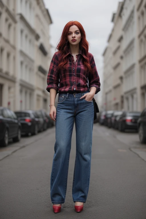 woman, dsbggy, baggy jeans, dark wash jeans, stiletto heels, plaid shirt, red hair
